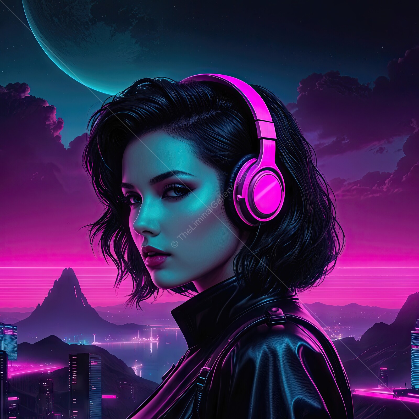Electric synthwave vibes resonate in a futuristic cityscape under a glowing moonlit sky