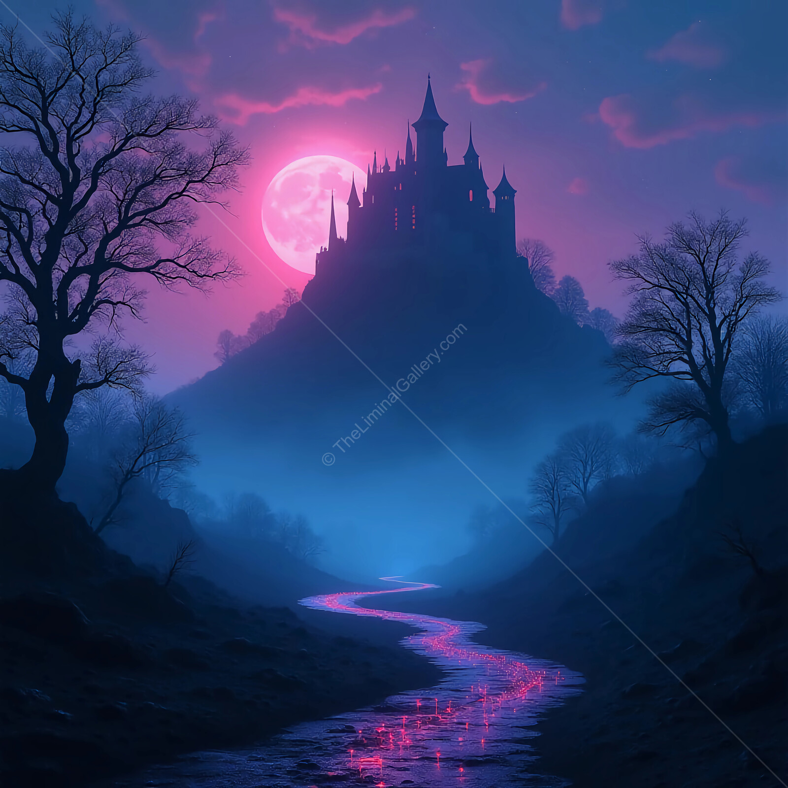 Enchanted castle under a vibrant moon in a mystical landscape at twilight