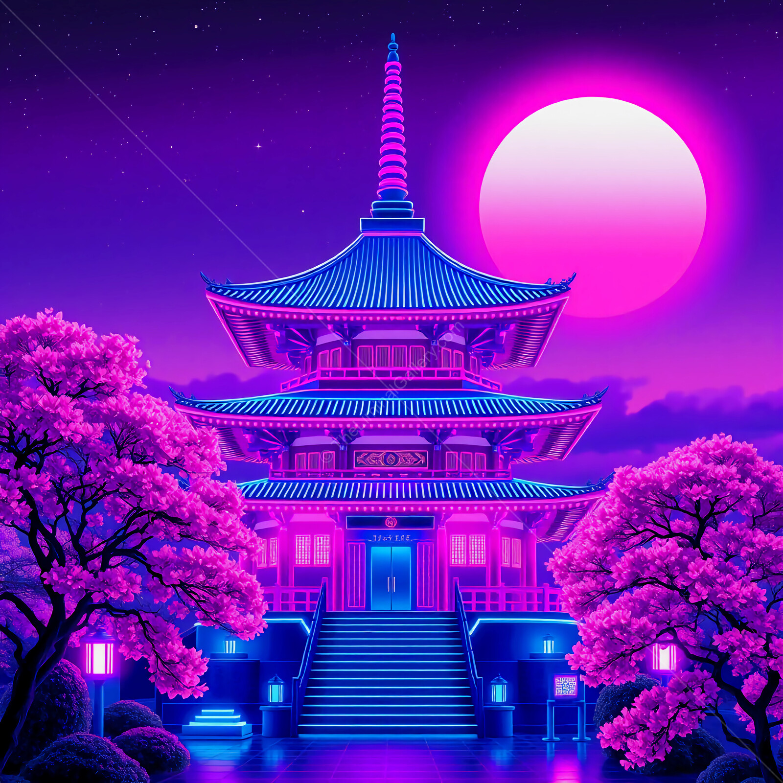 Enchanting pagoda illuminated by a radiant moon amidst blossoming cherry trees