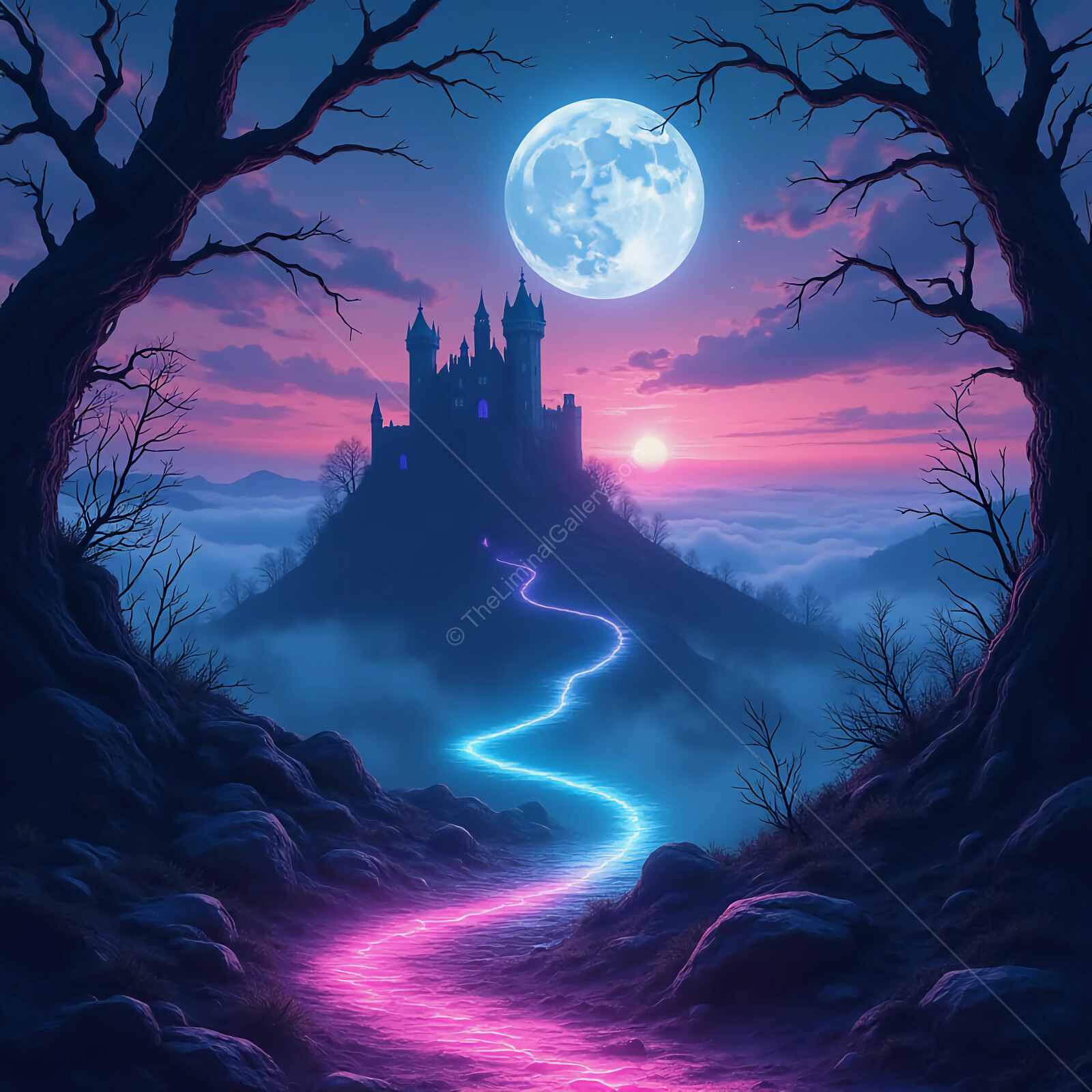 Enchanted path leading to a mystical castle under a glowing moon