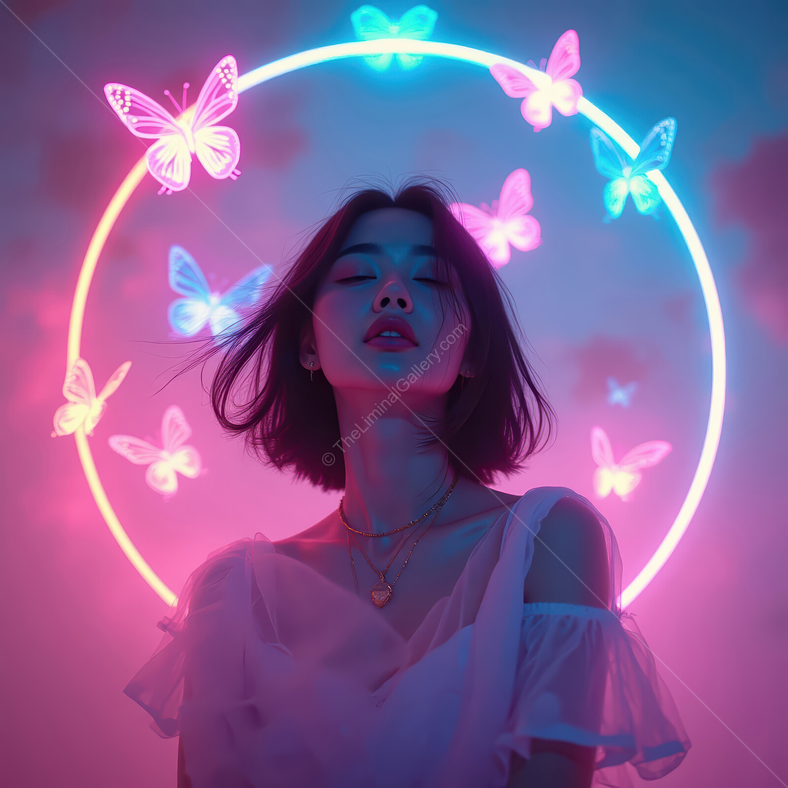 Ethereal beauty illuminated by neon butterflies in a vibrant, dreamlike setting