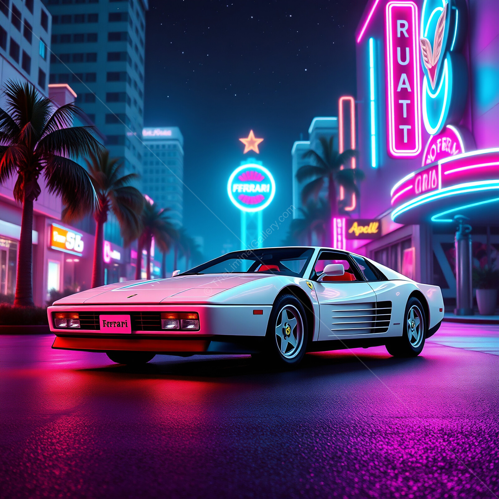 Retro Ferrari sports car gliding through neon-lit city streets at night