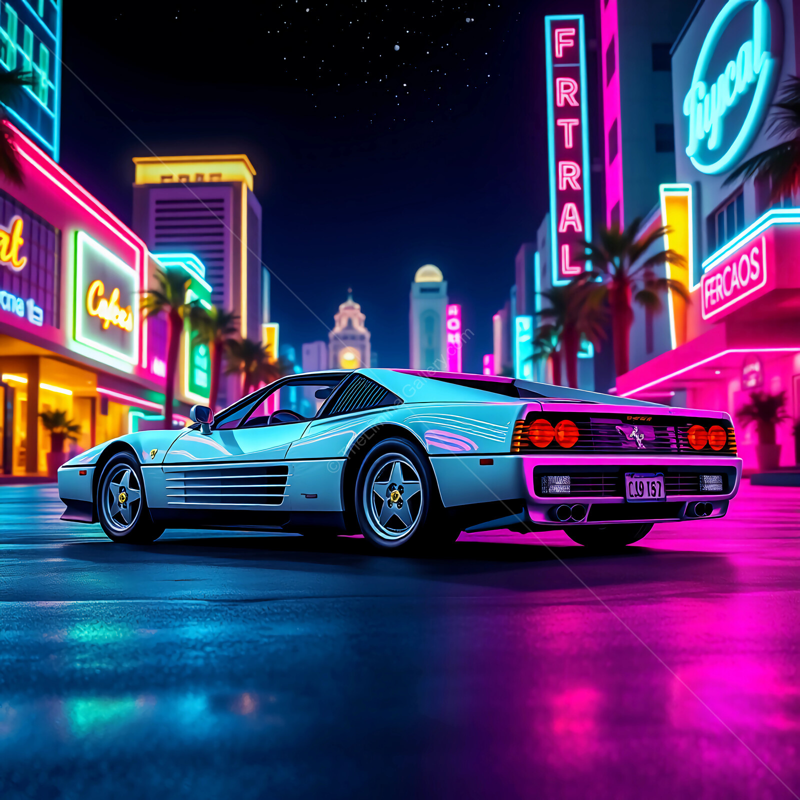 Ferrari illuminated by vibrant neon lights in a lively urban environment at night