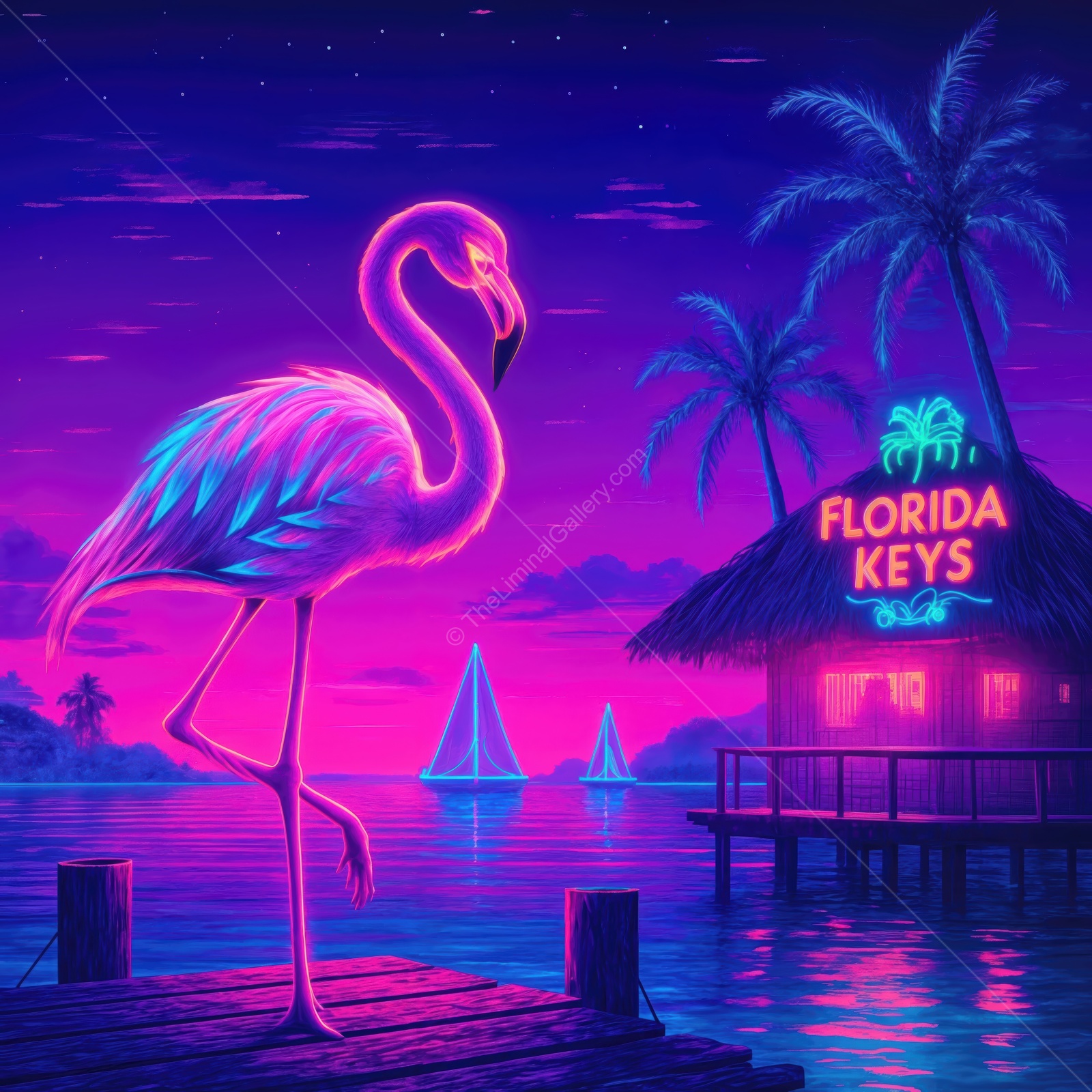 Vibrant flamingo at dusk near a tropical Florida Keys hut with sailboats on the horizon