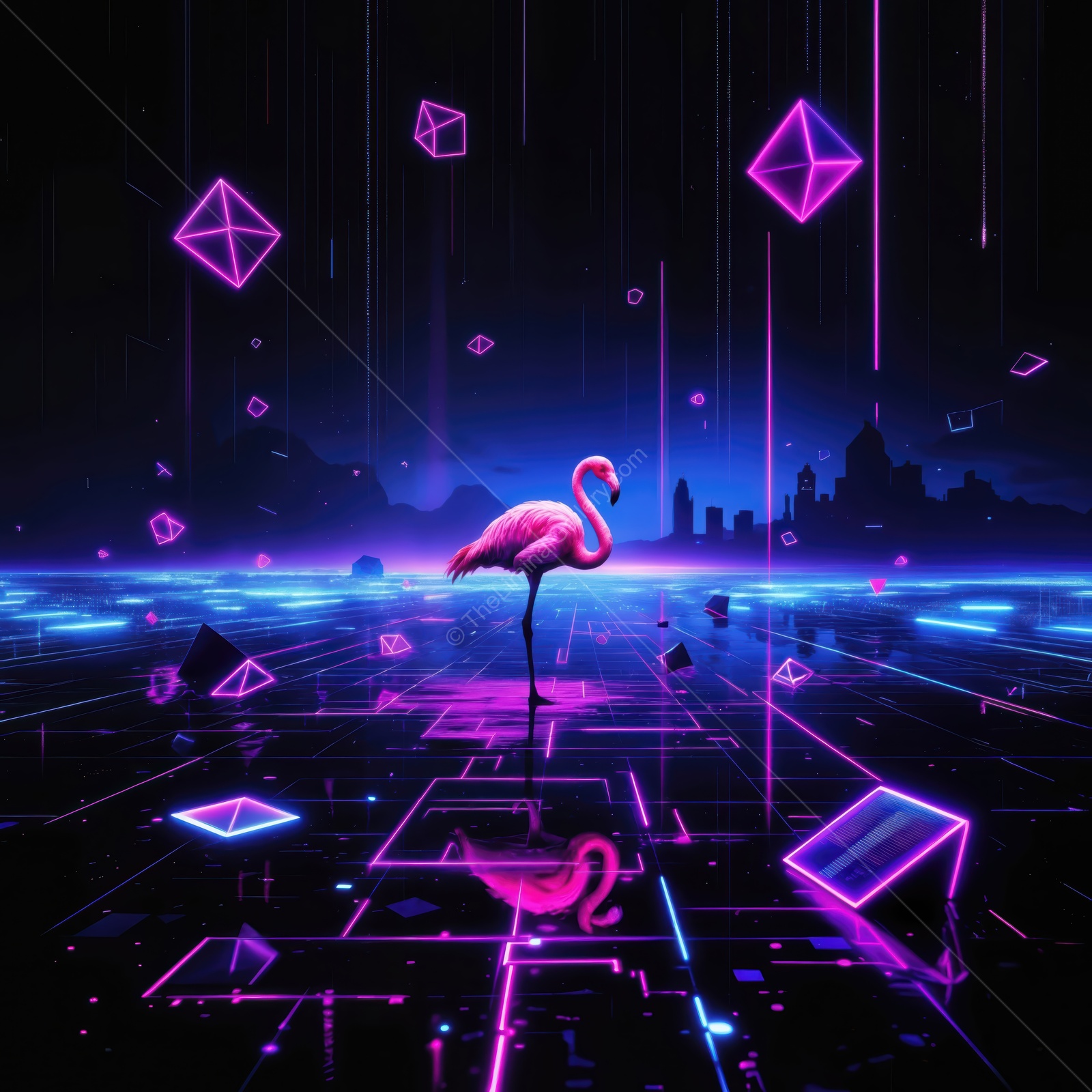 Striking pink flamingo stands gracefully amidst a vibrant digital landscape filled with neon lights and geometric shapes at twilight