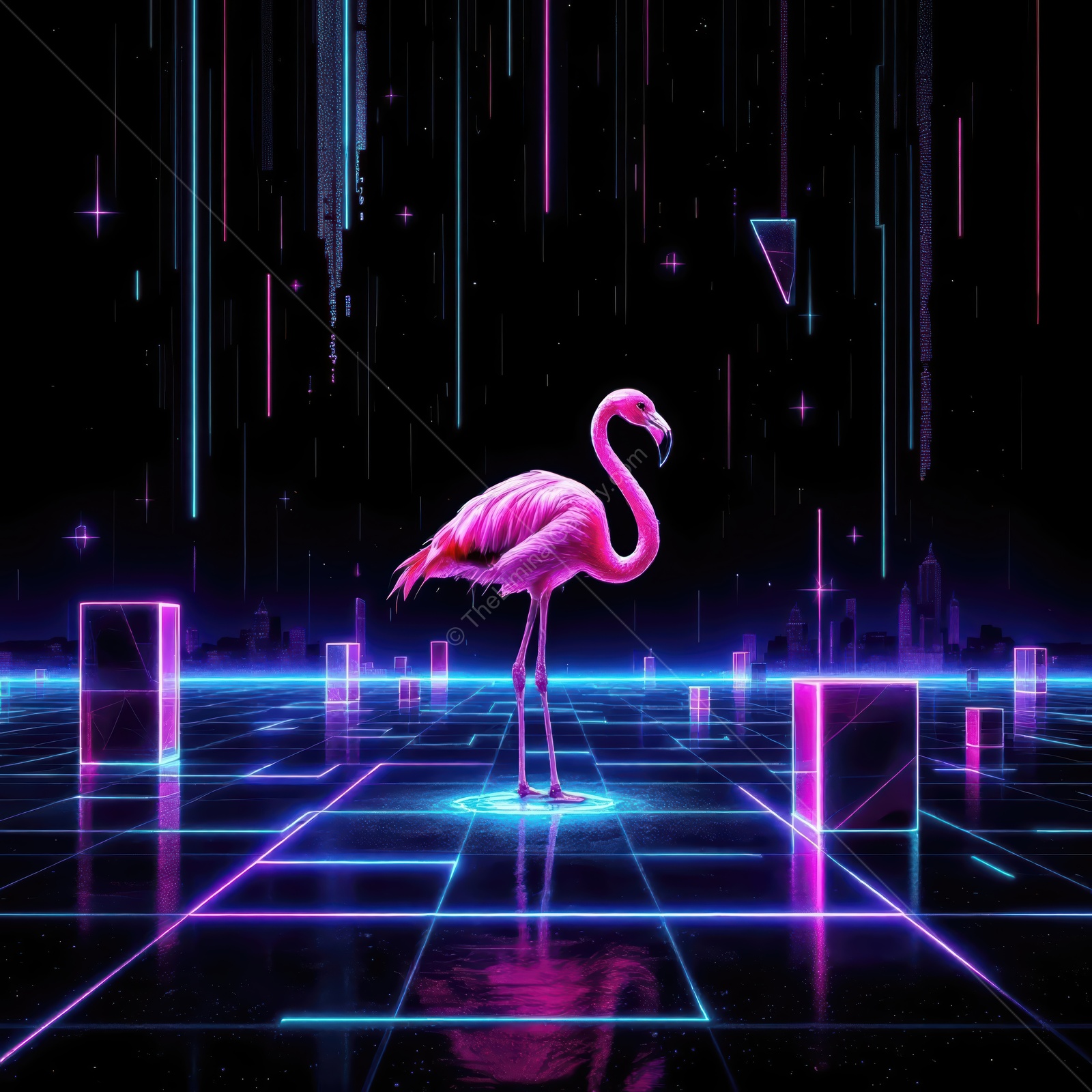 Flamingo standing majestically in a neon cyber landscape at night with glowing elements