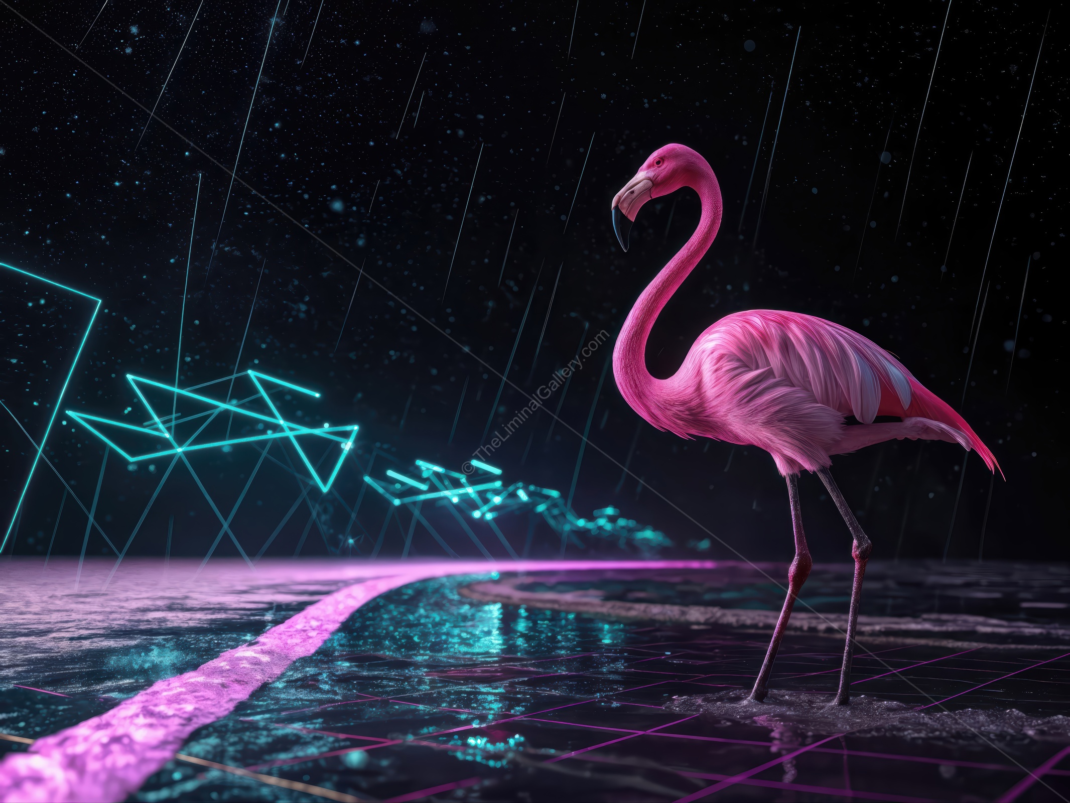 Flamingo stands under neon lights in a rainy futuristic landscape at night