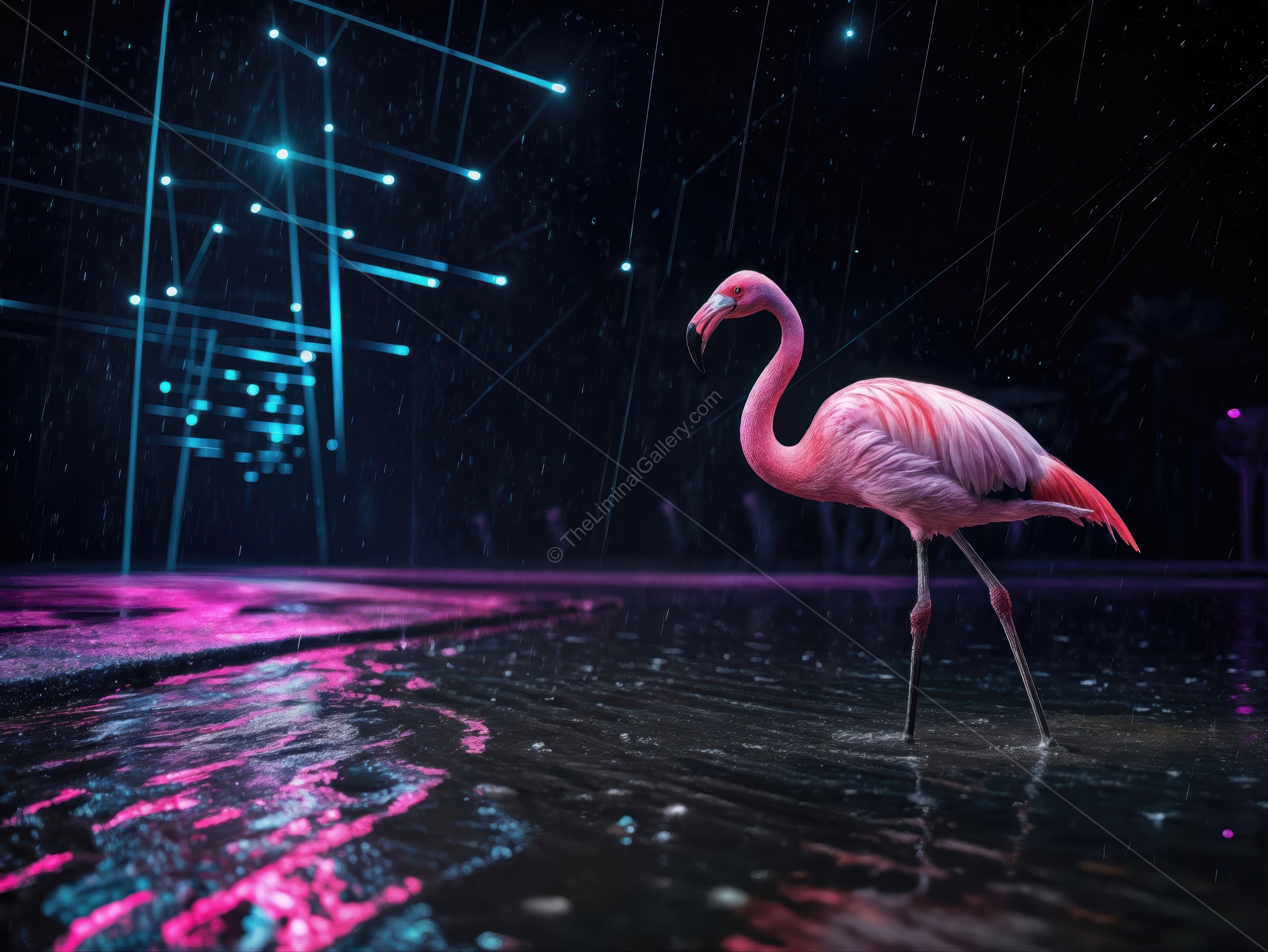 Flamingo wades through vibrant rain-soaked scene illuminated by neon lights at night