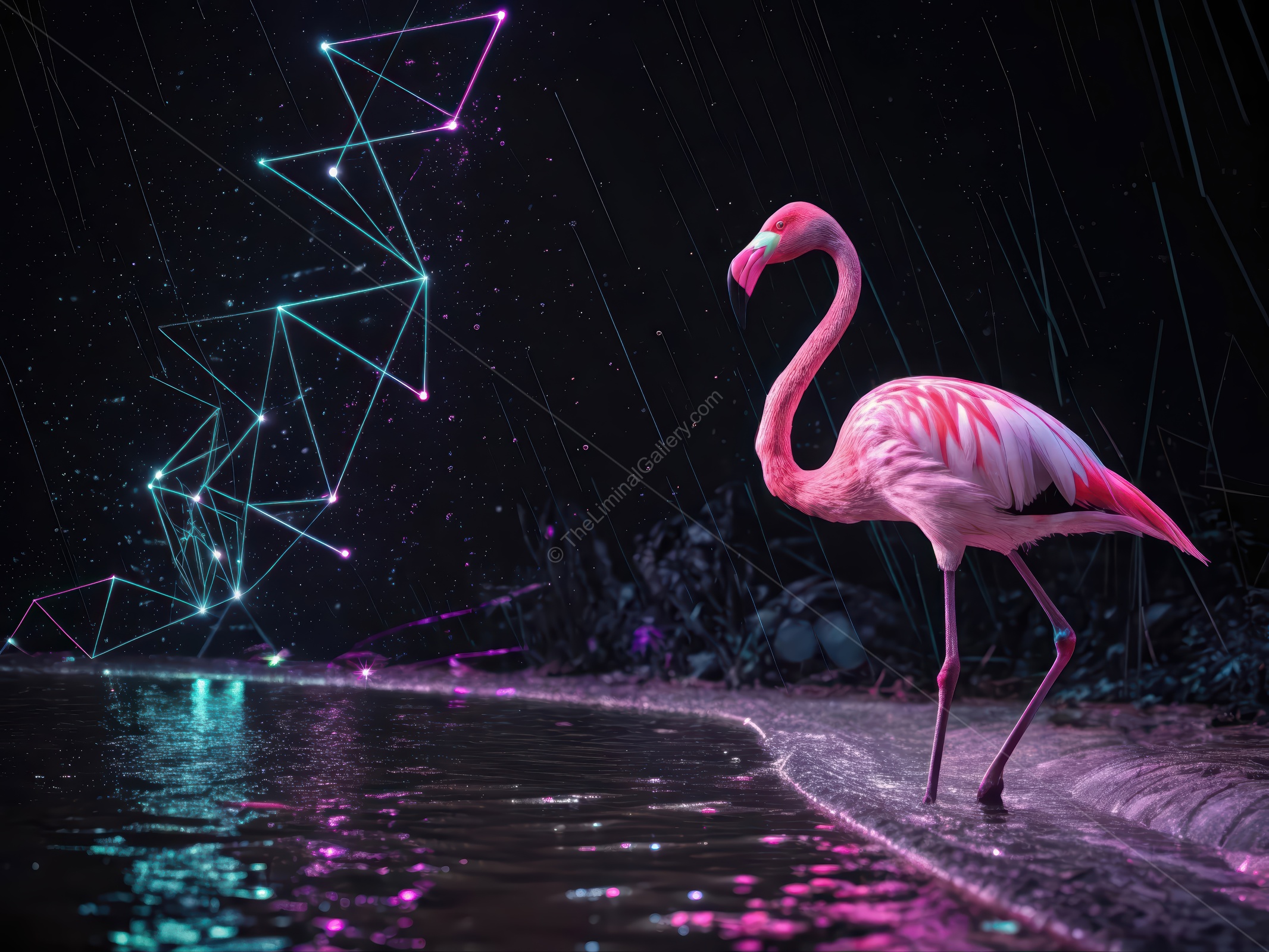 Vibrant flamingo walking near the water with neon lights illuminating the scene at night