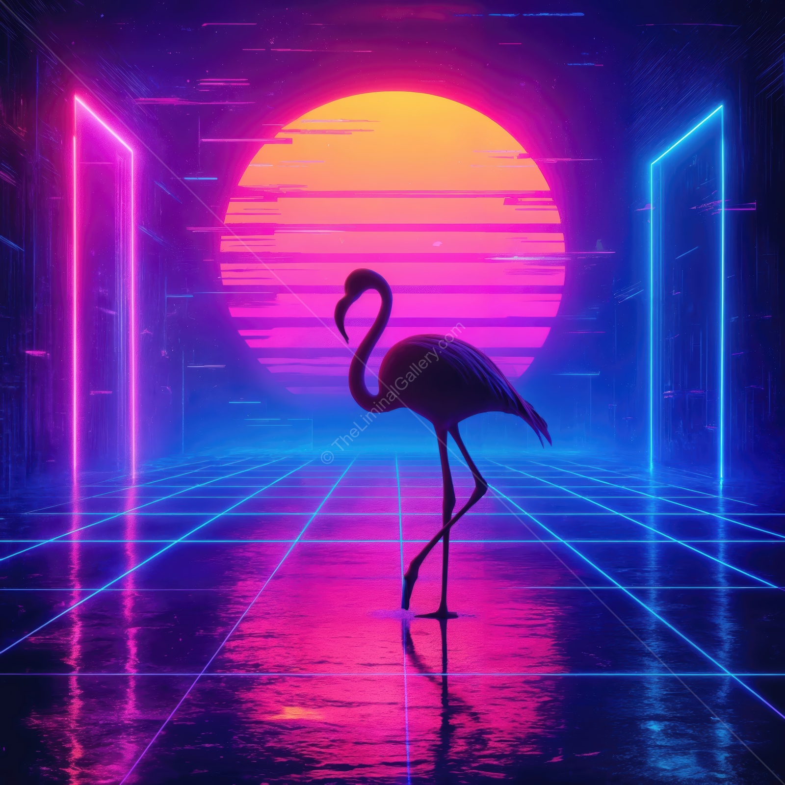 Vibrant flamingo silhouette against neon sunset in an imaginative landscape