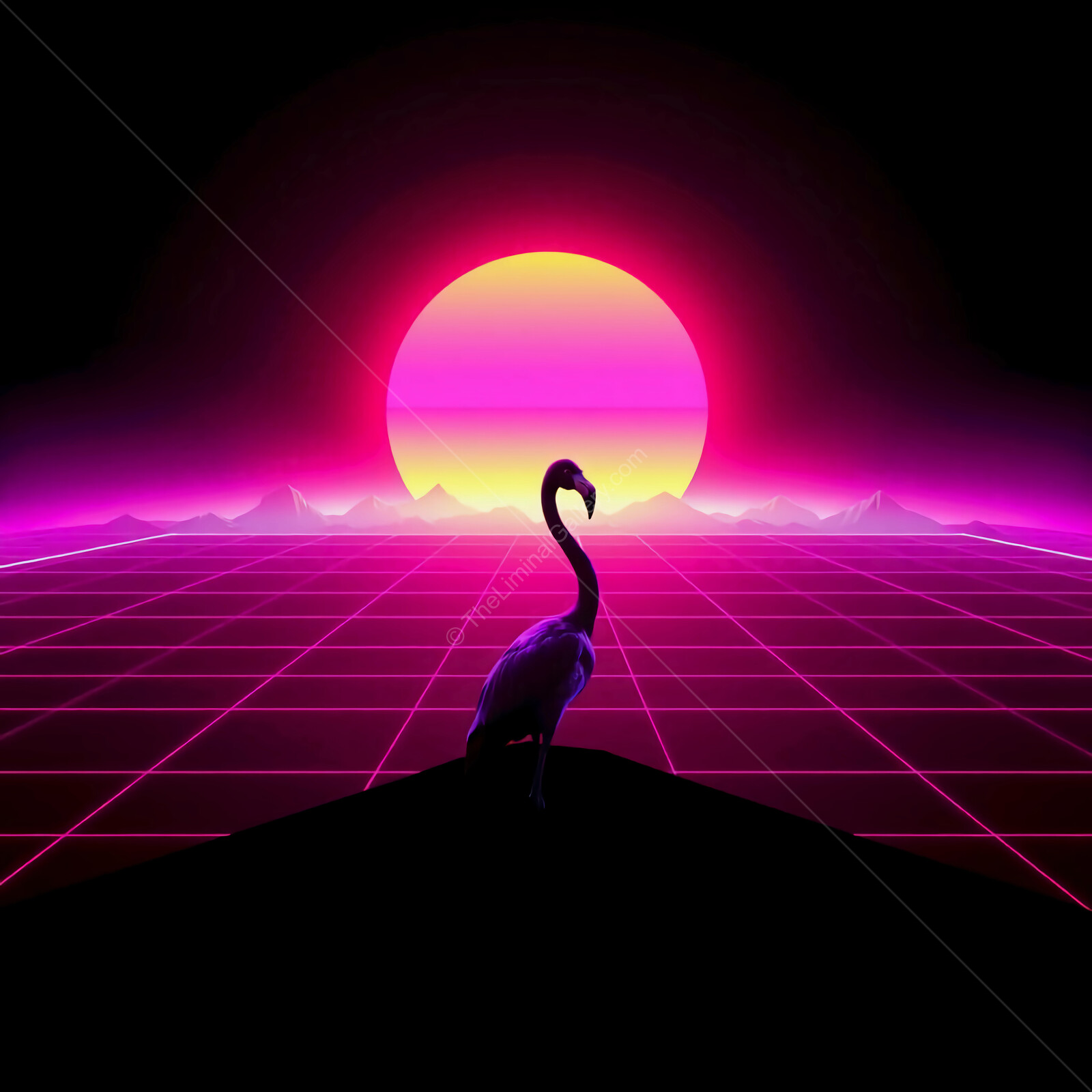 Majestic 80s synthwave flamingo silhouetted against vibrant sunset in retro futuristic landscape