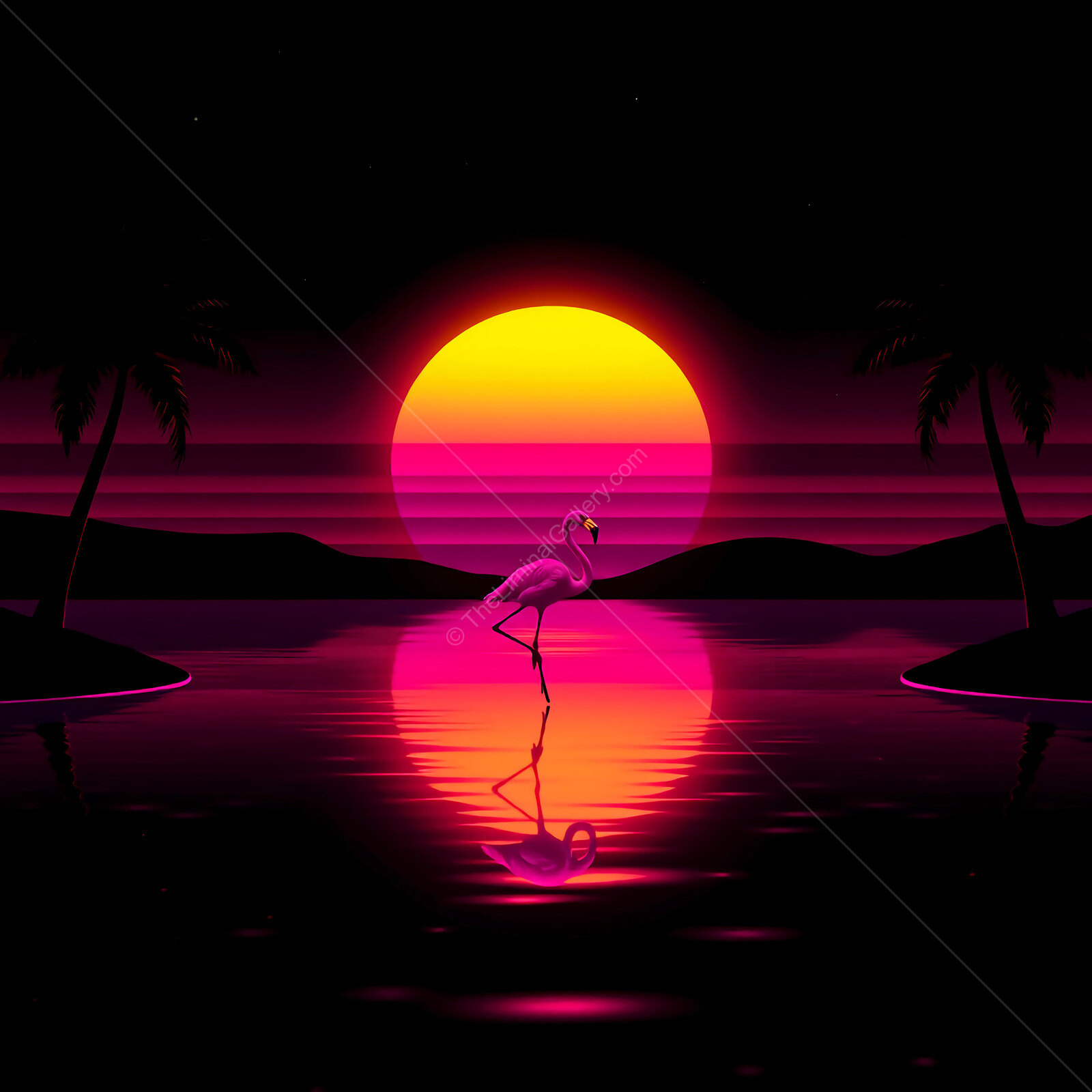 Vibrant sunset over tranquil waters with a solitary flamingo reflecting on serene scenery