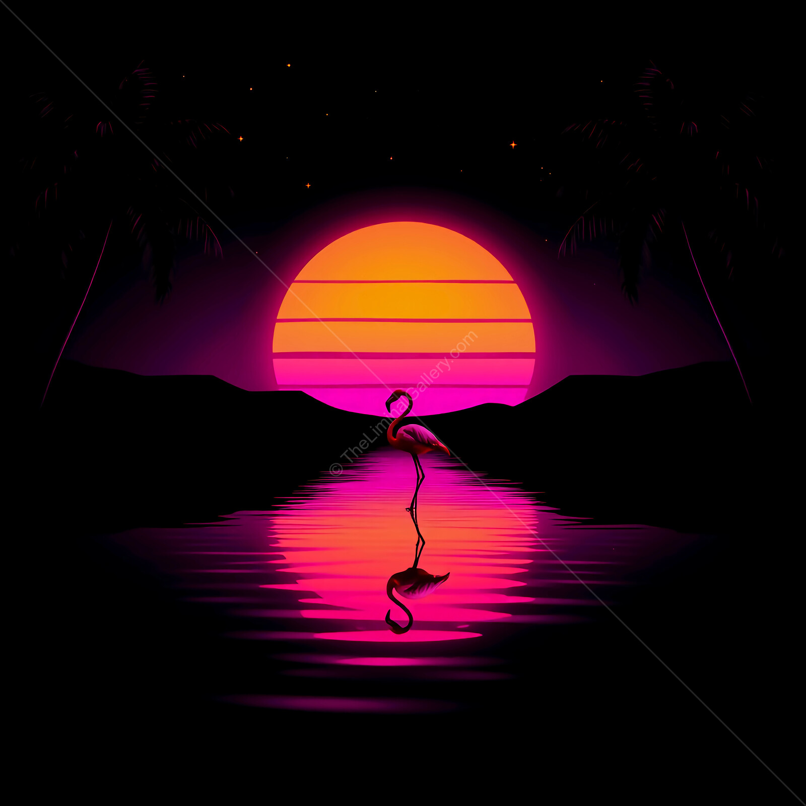 Vibrant flamingo silhouettes against a stunning sunset in tropical waters