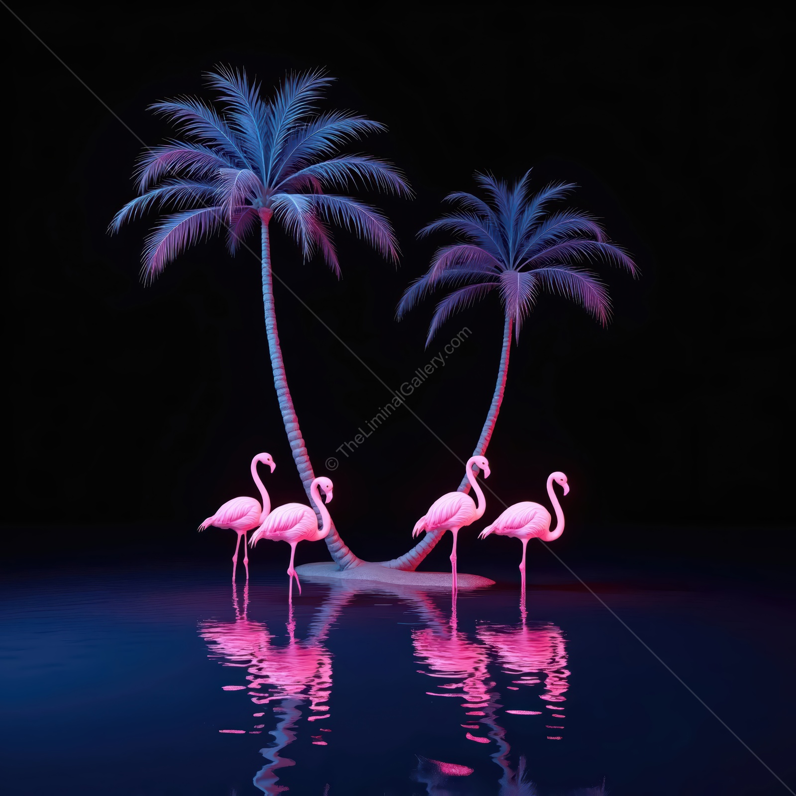 Vibrant pink flamingos stand gracefully amidst glowing palm trees in an enchanting twilight setting