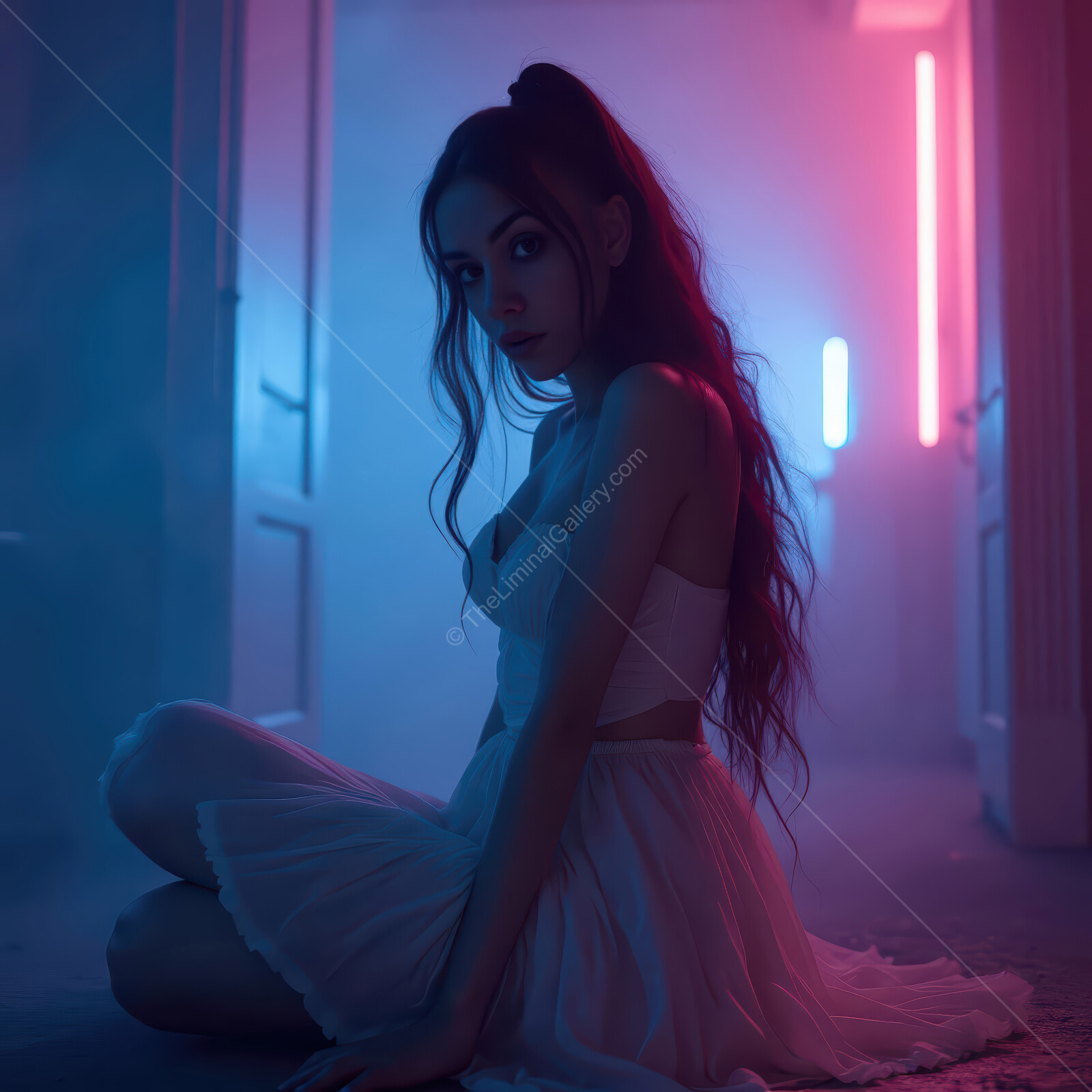 Captivating woman in a foggy corridor illuminated by neon lights at twilight