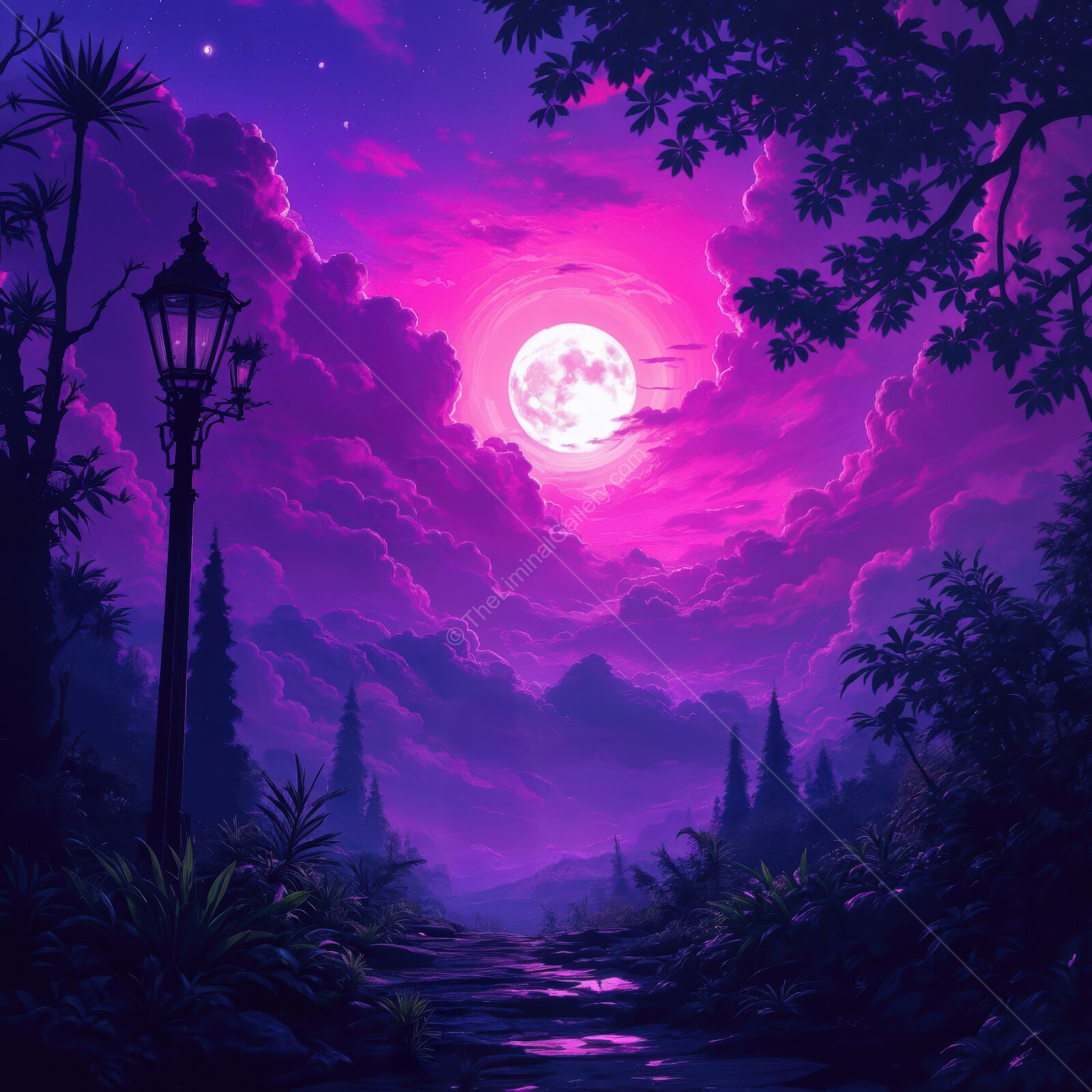 Magical purple night sky illuminated by a full moon over a serene forest trail