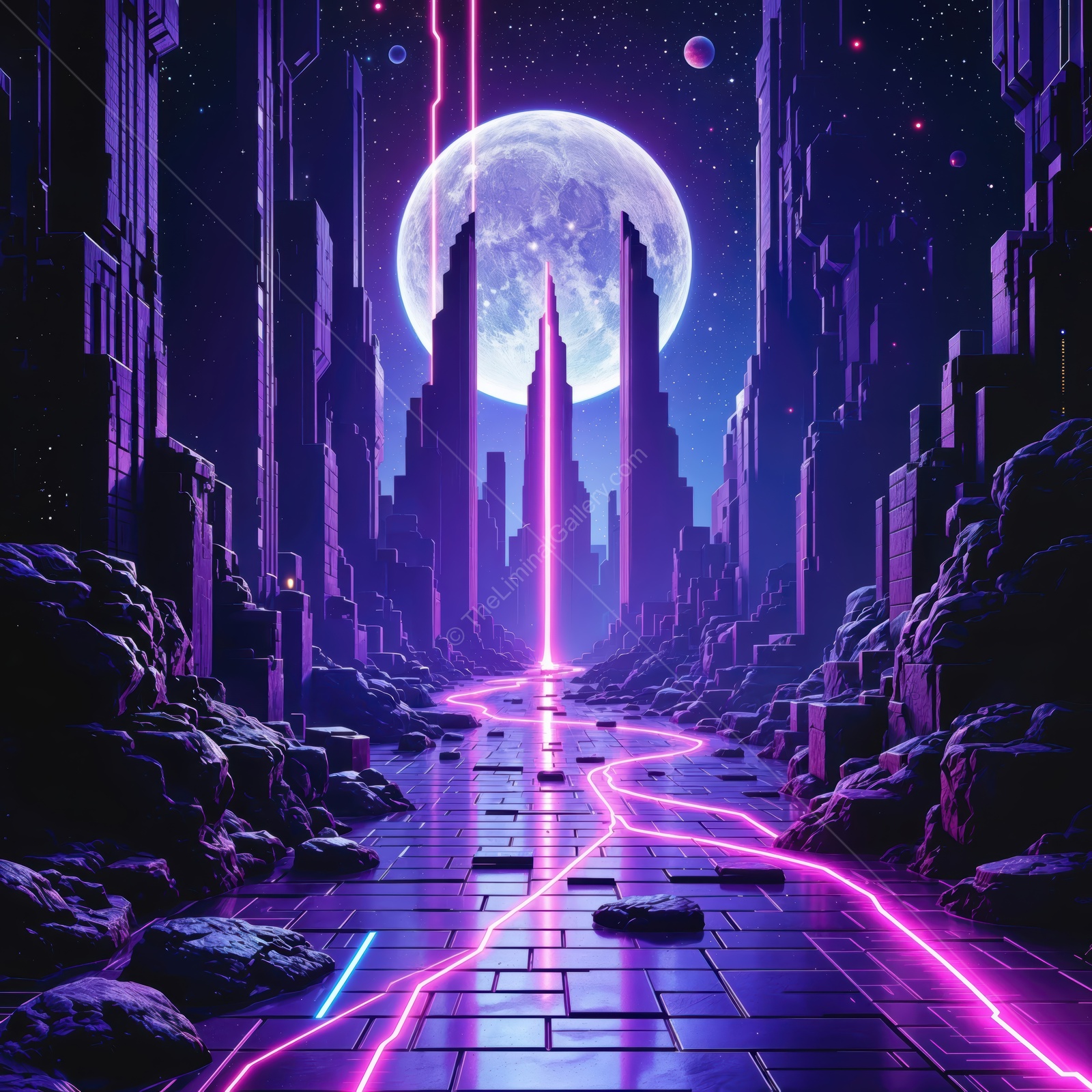 Futuristic cityscape under a glowing full moon with neon lights shining through towering structures