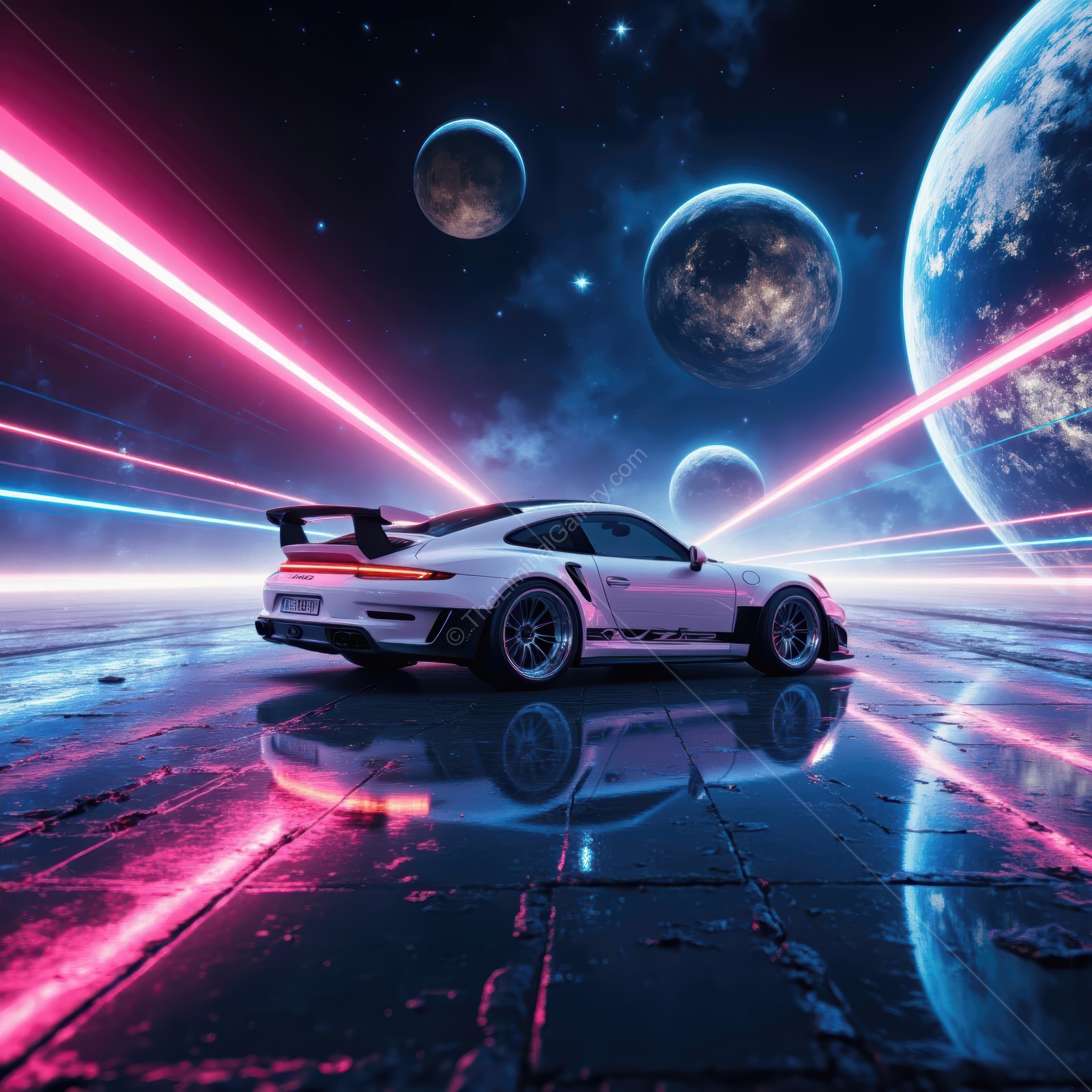 Future racing car on a neon-lit cosmic road surrounded by planets and stars at night