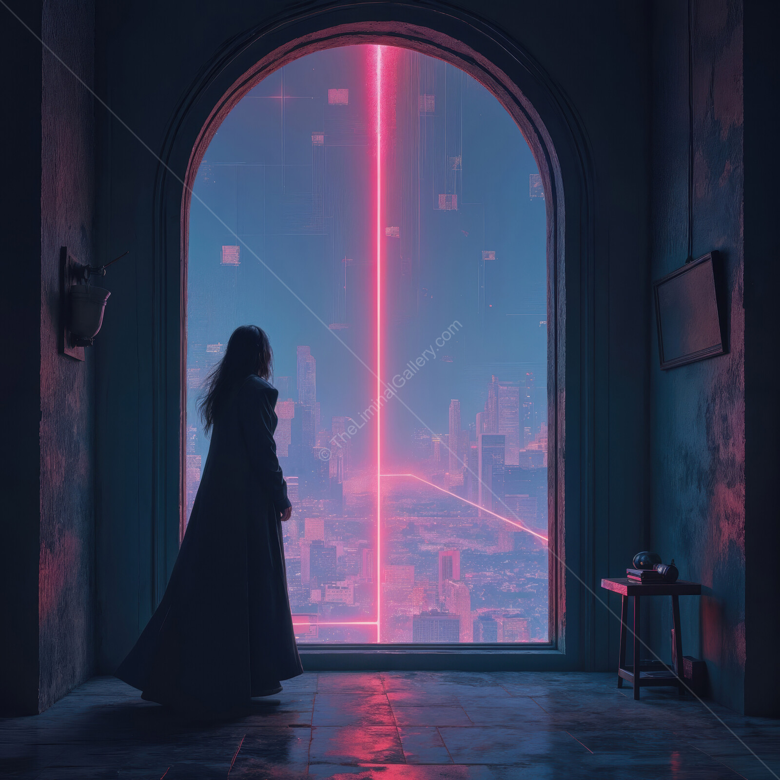 Gazing into a neon-lit future from the threshold of a mysterious realm
