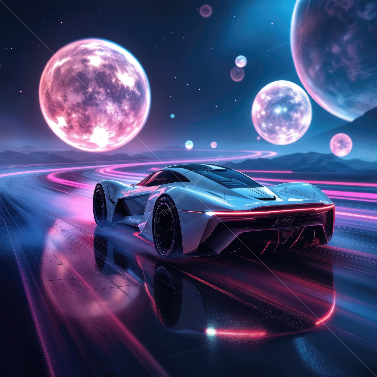 Futuristic car racing through a cosmic landscape under vibrant moons and glowing trails