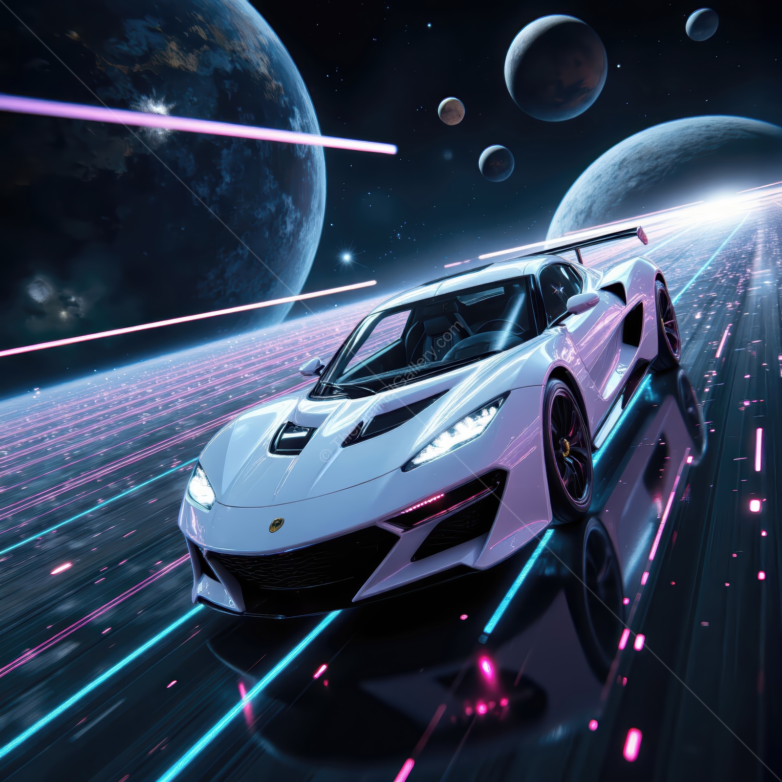 Futuristic car racing through space with vibrant lights and distant planets