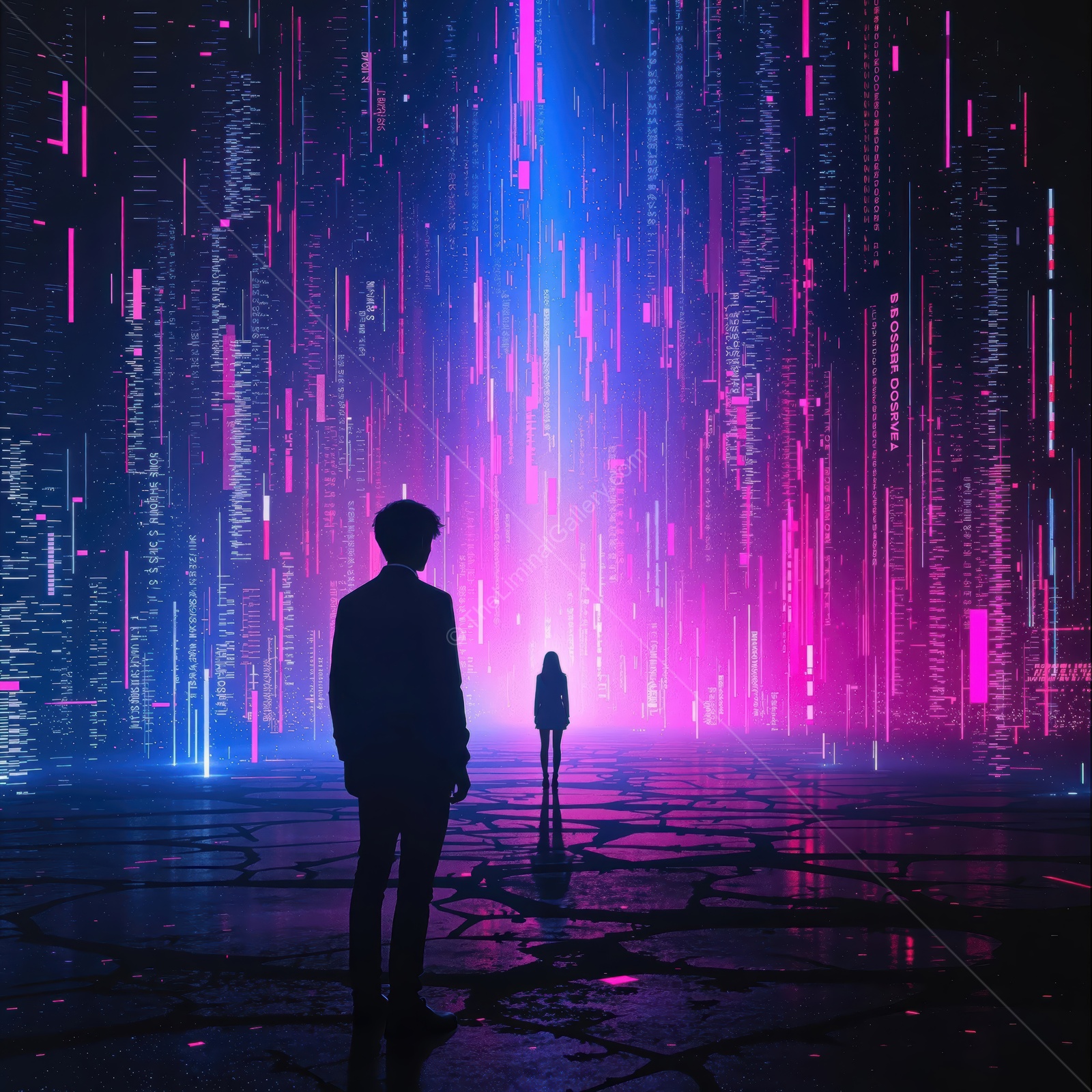 Modern figures in a futuristic cityscape filled with vibrant data streams and glowing lights at night