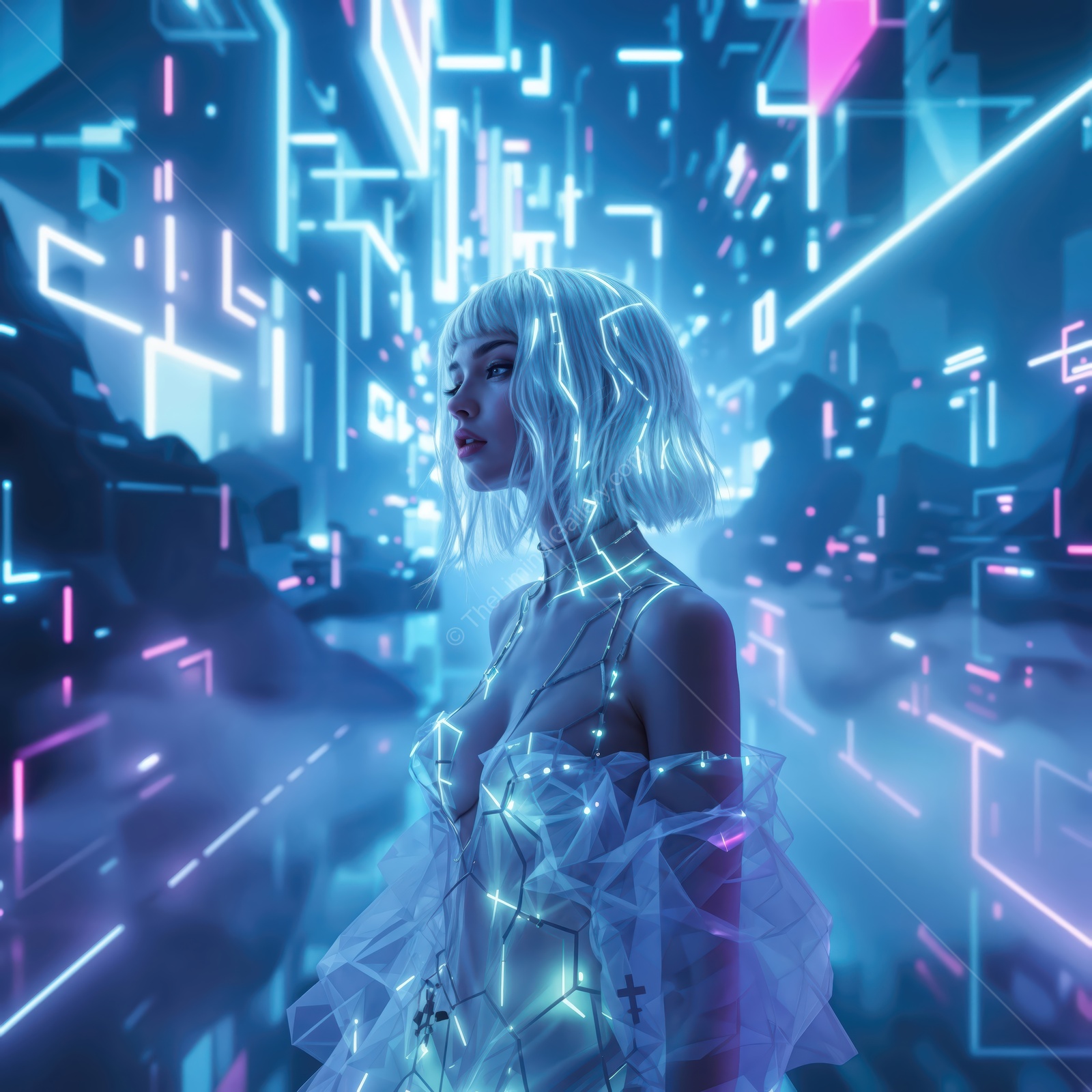 Futuristic cityscape with a neon-lit silhouette showcasing a blend of technology and fashion in a surreal environment