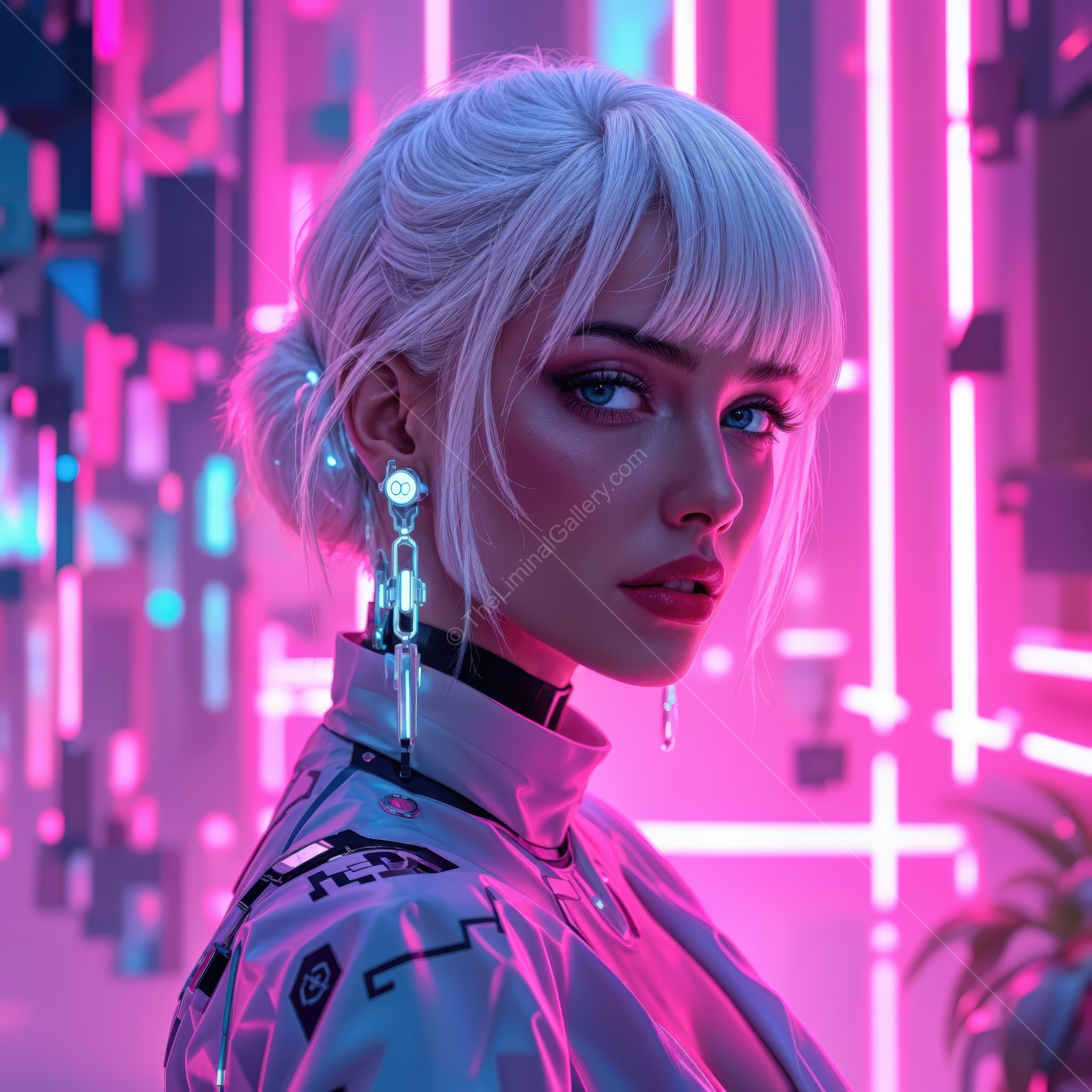 Futuristic cityscape featuring a stylish woman with pastel hair illuminated by neon lights at night