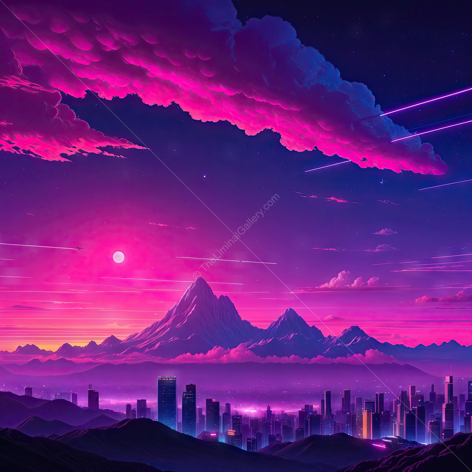 Stunning 80s synthwave sunset over a futuristic cityscape with majestic mountains in the background and vibrant colors filling the sky