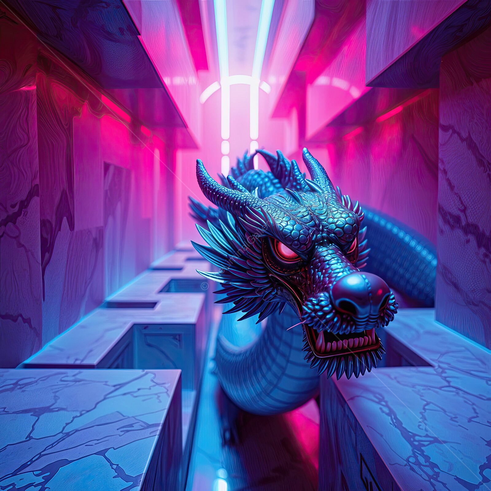 Futuristic dragon emerges from a vibrant liminal maze of neon lights during a surreal digital exploration