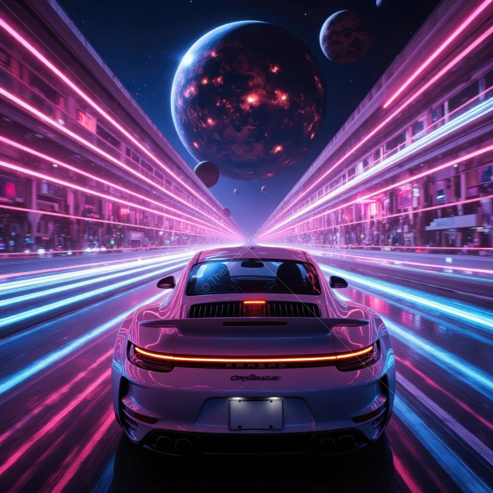 Driving through a futuristic galaxy with vibrant lights and distant planets