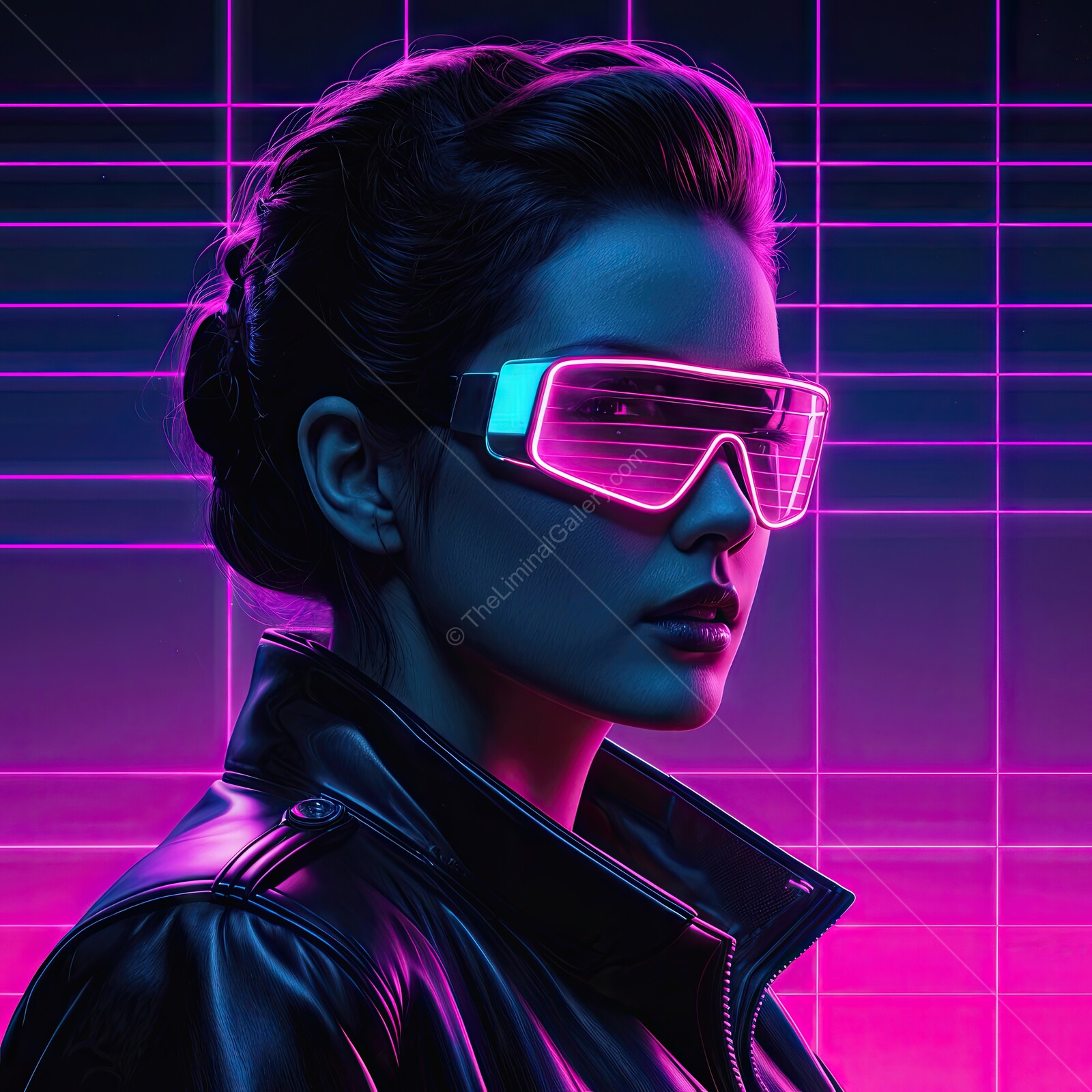 Futuristic synthwave fashion in neon lights showcases a striking persona amidst a vibrant digital world