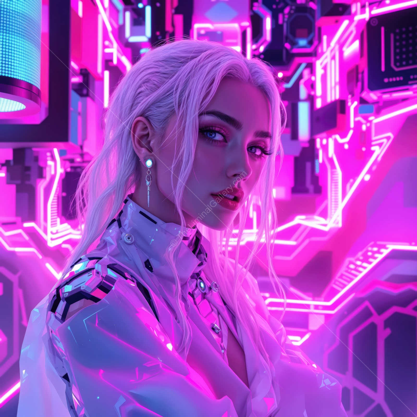 Futuristic fashion meets neon technology in a vibrant urban environment