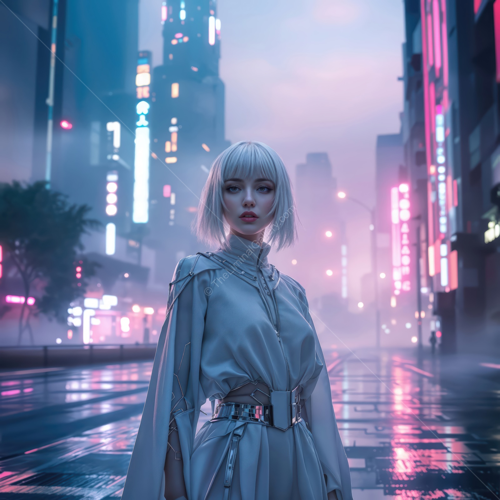 Vibrant cityscape with a futuristic character in a neon-lit street at twilight
