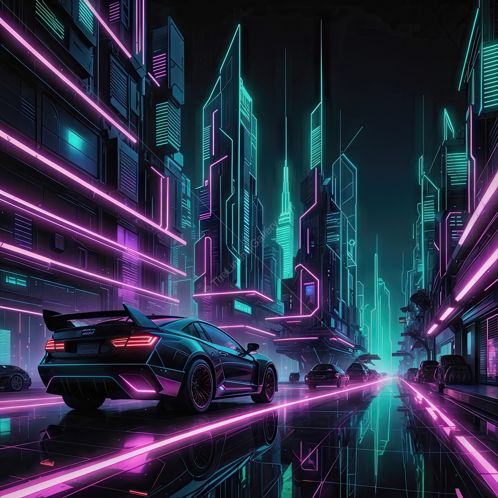 Futuristic cityscape with neon lights and sleek cars under a starry night sky