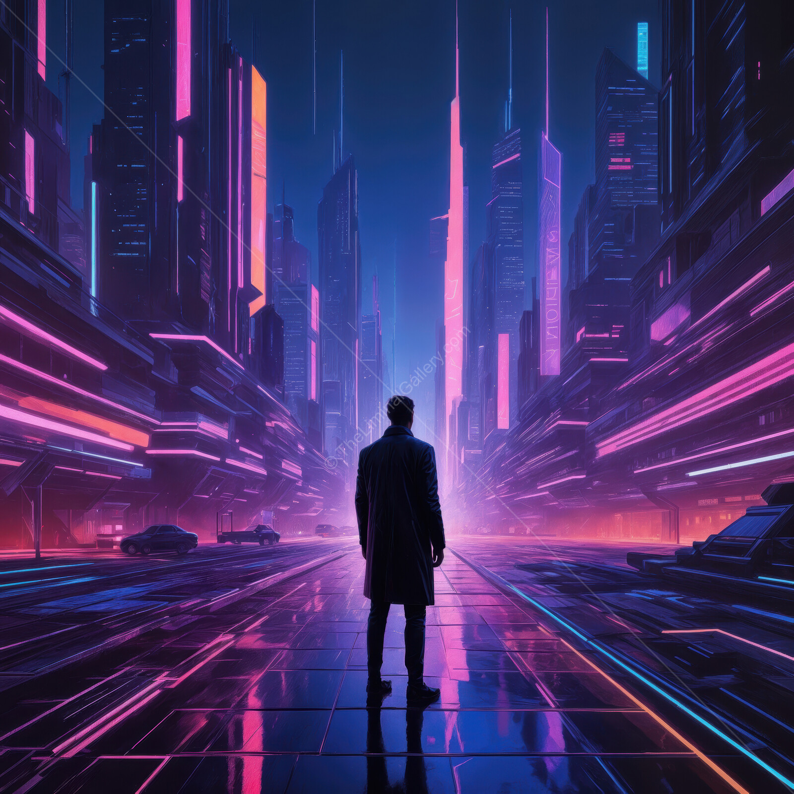 Futuristic synthwave cityscape with neon lights and a lone figure in a sleek urban environment at night