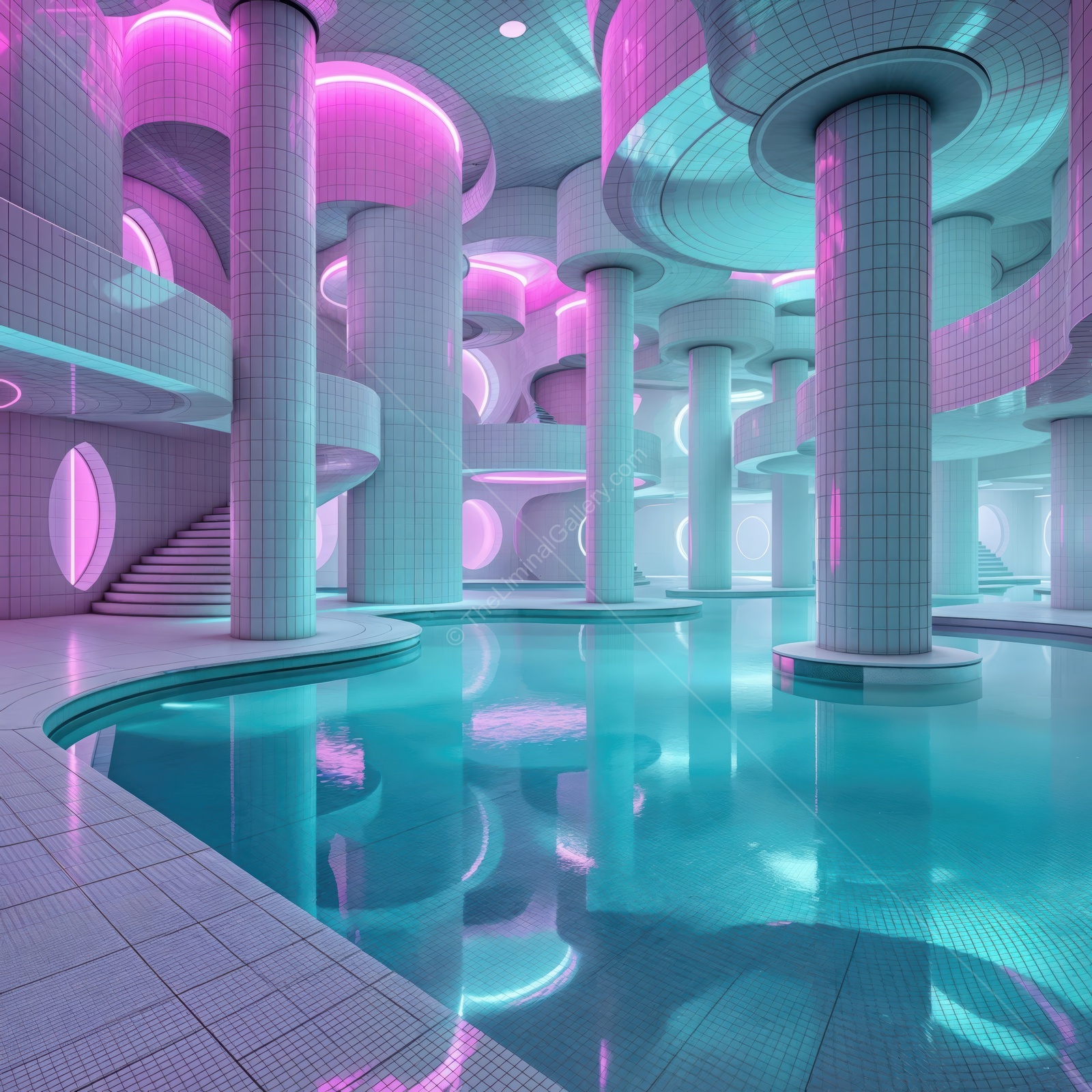 Dreamy futuristic pool with vibrant neon lights and elegant architecture in an enchanting atmosphere