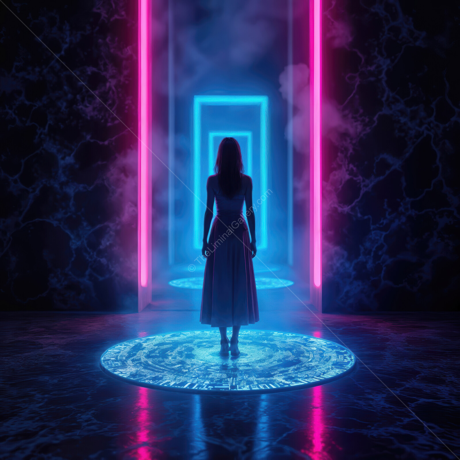 Mysterious figure stands before glowing portals in a surreal, futuristic setting