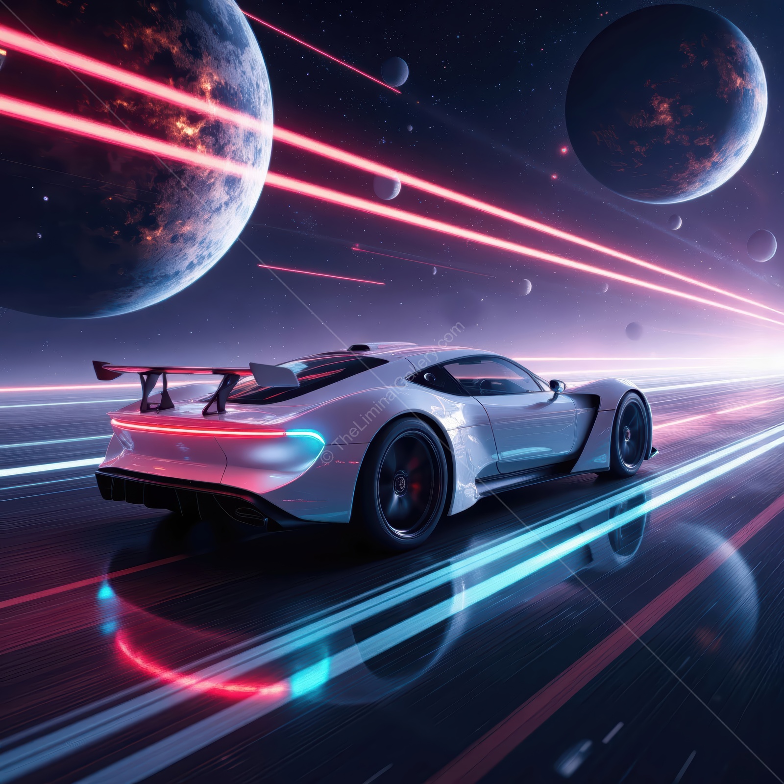 Futuristic racing in space with a sleek sports car and cosmic scenery