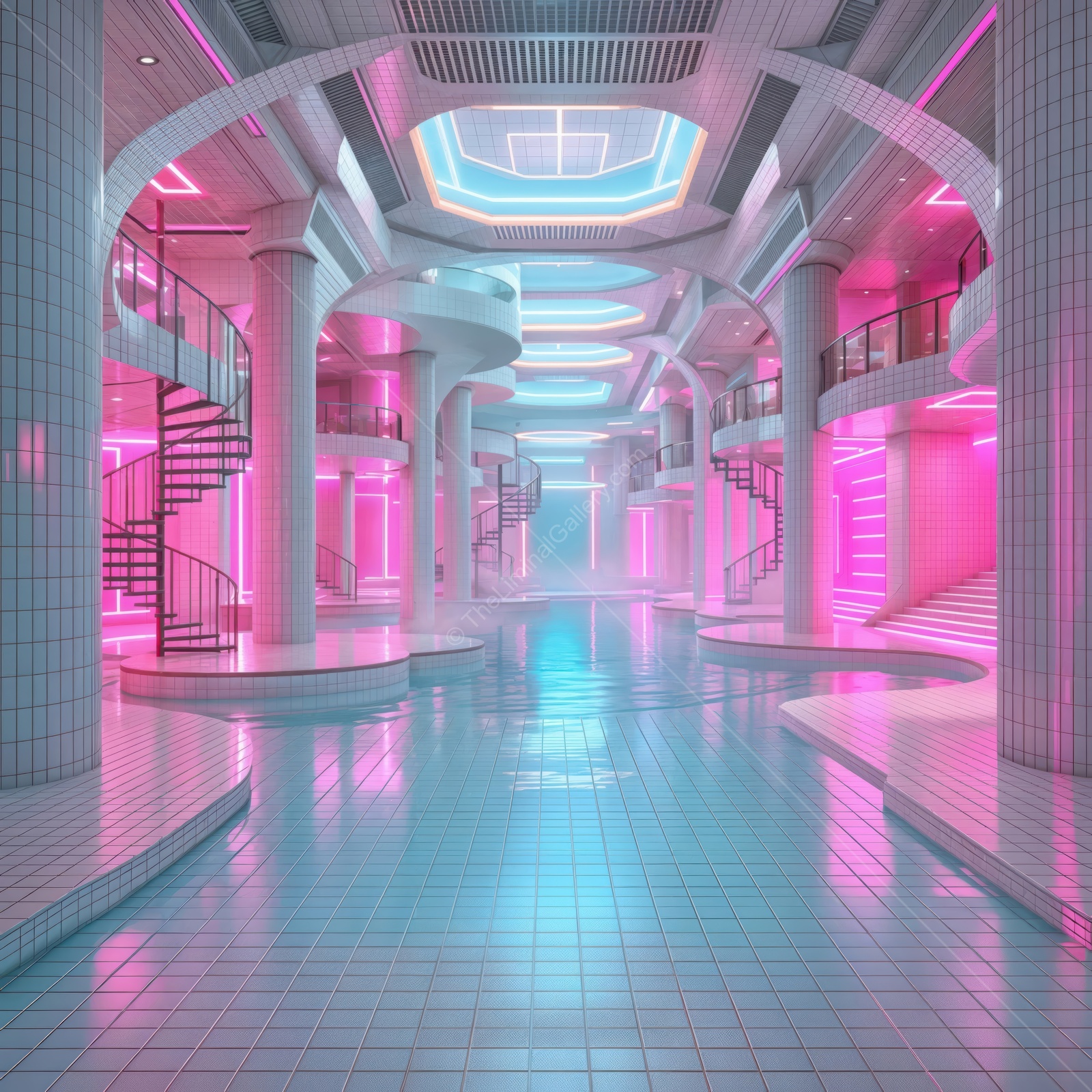 Vibrant, futuristic space with glowing pink lights and sleek architecture invites exploration and wonder