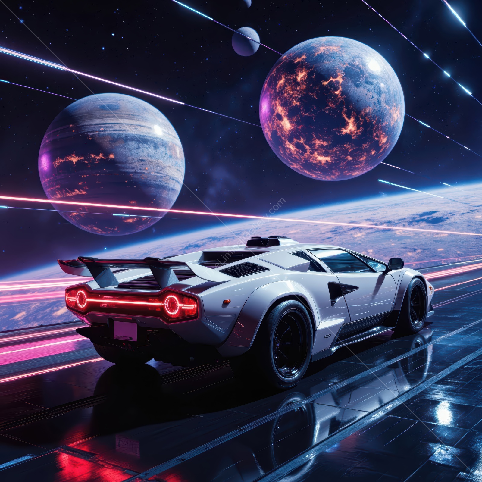 Futuristic sports car cruising through a vibrant cosmic landscape with swirling galaxies and distant planets