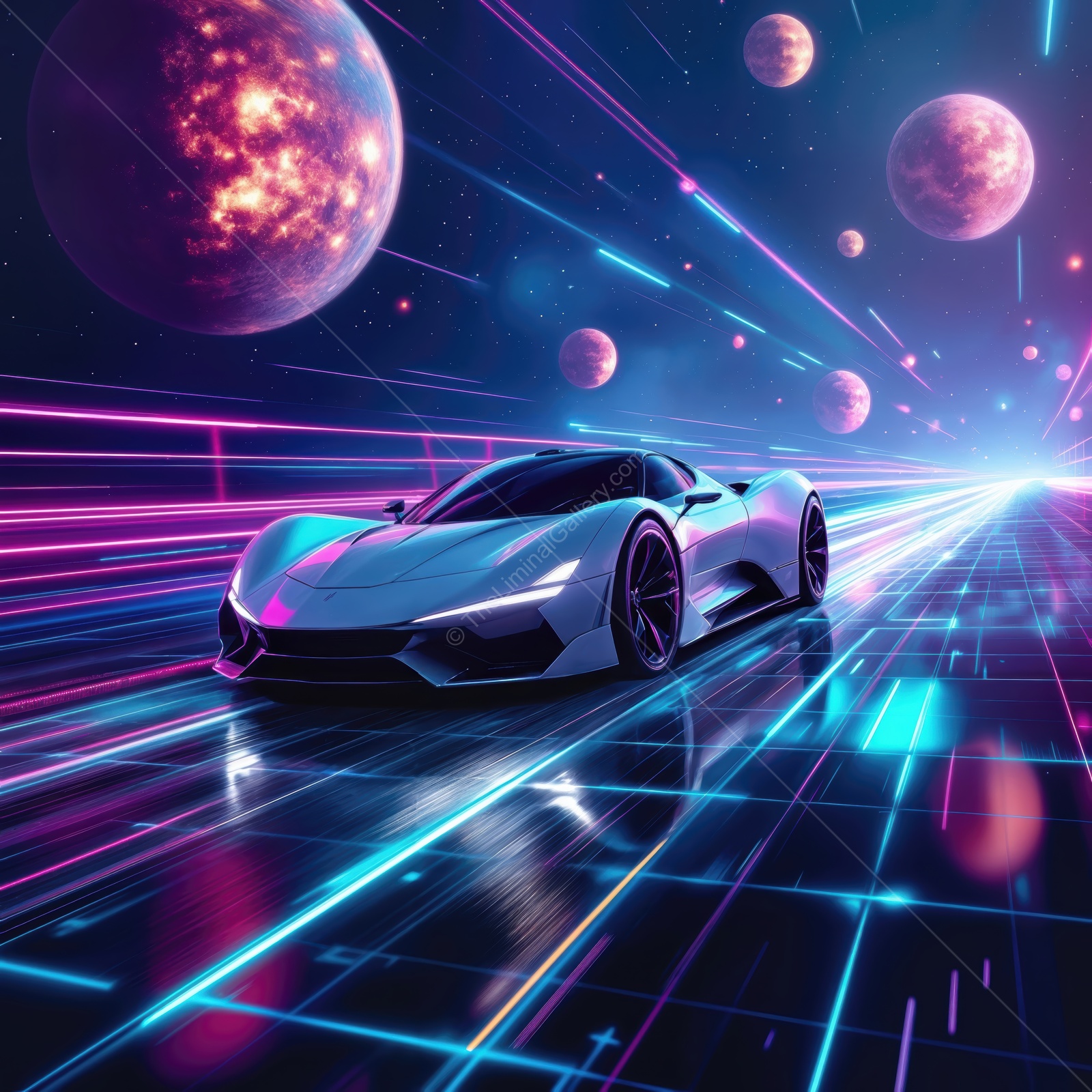 Futuristic sports car racing through a neon galaxy on a digital highway of light