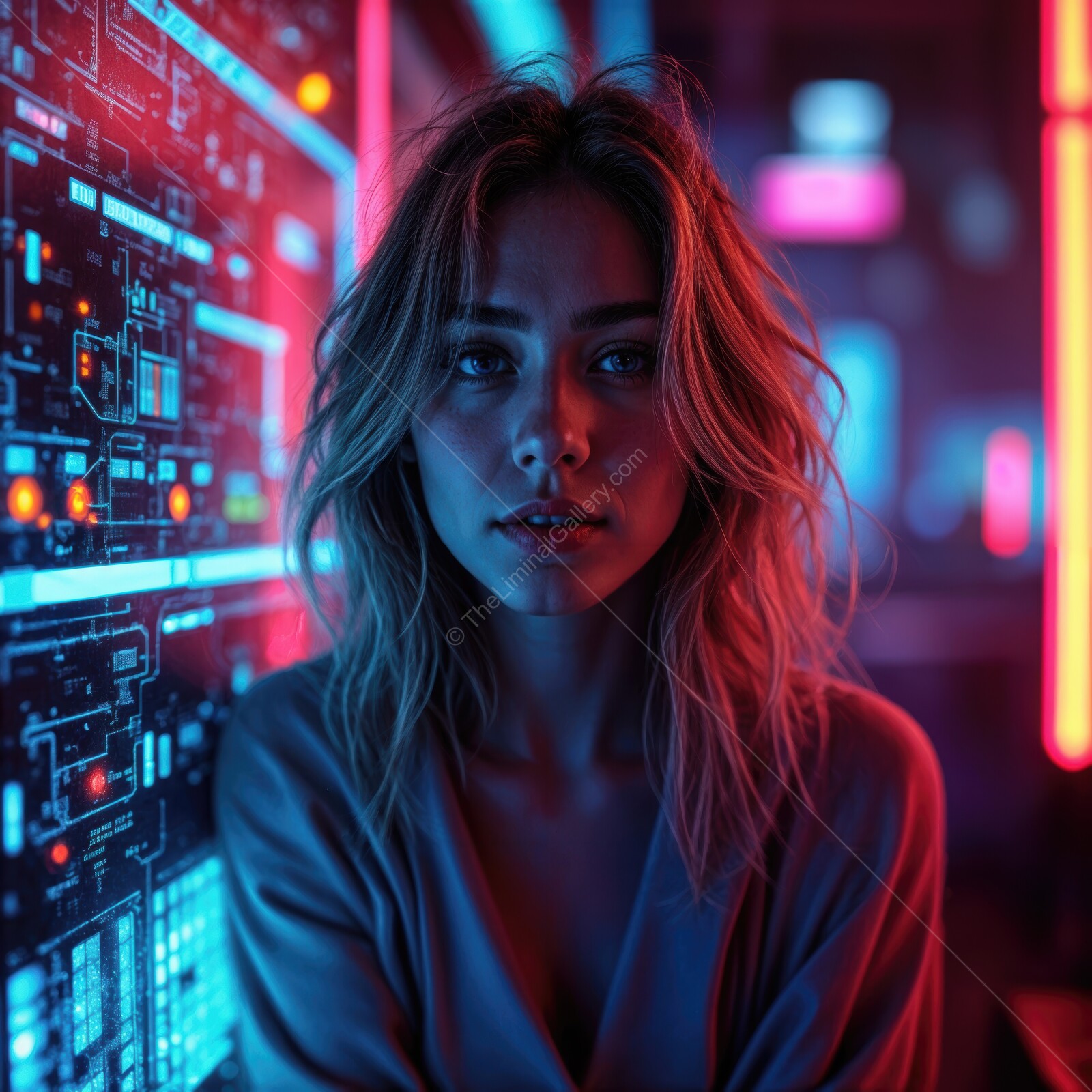 Exploring the futuristic vibes of a neon-lit cityscape with a captivating portrait