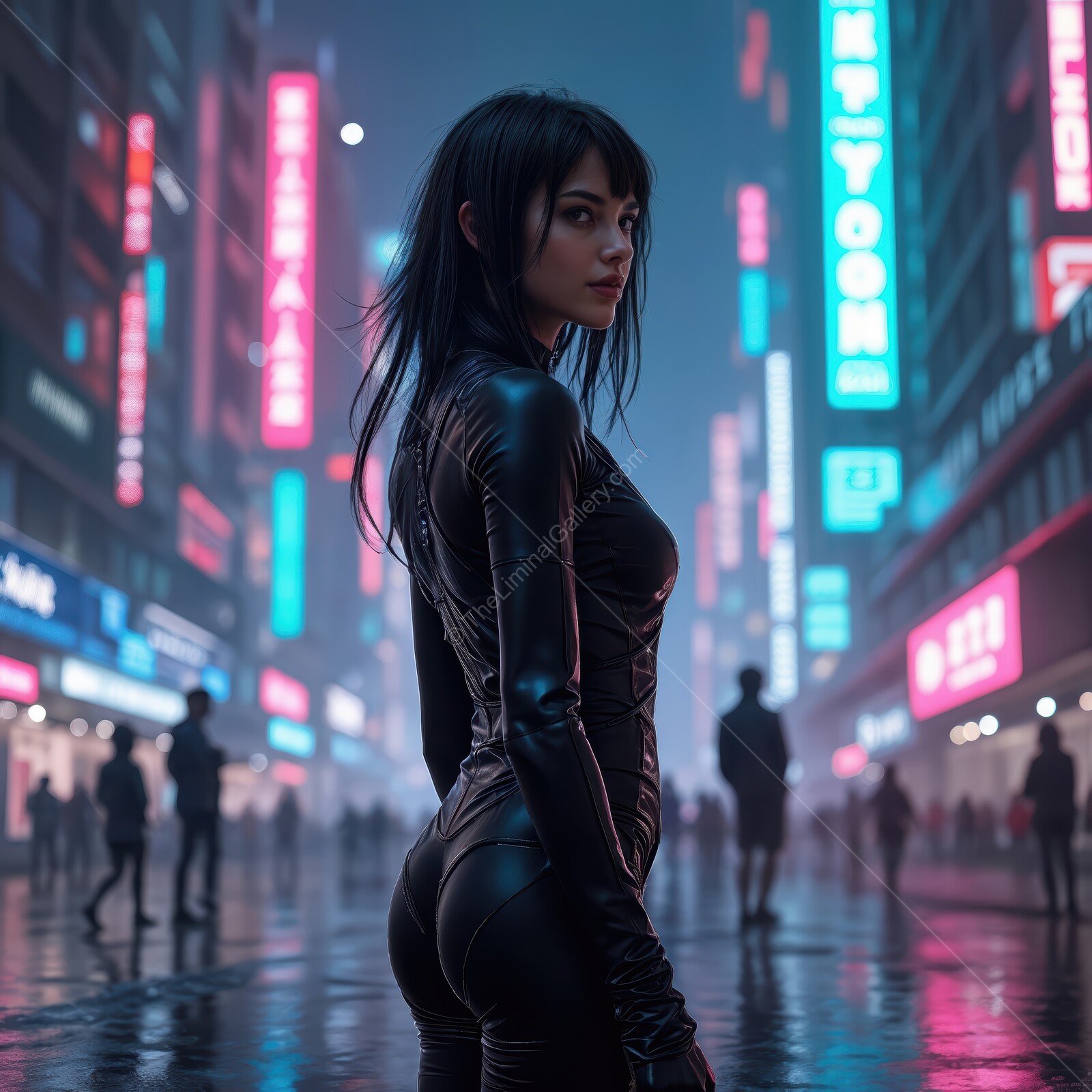 Futuristic synthwave urban landscape at night features a mysterious figure in sleek attire amidst vibrant neon lights