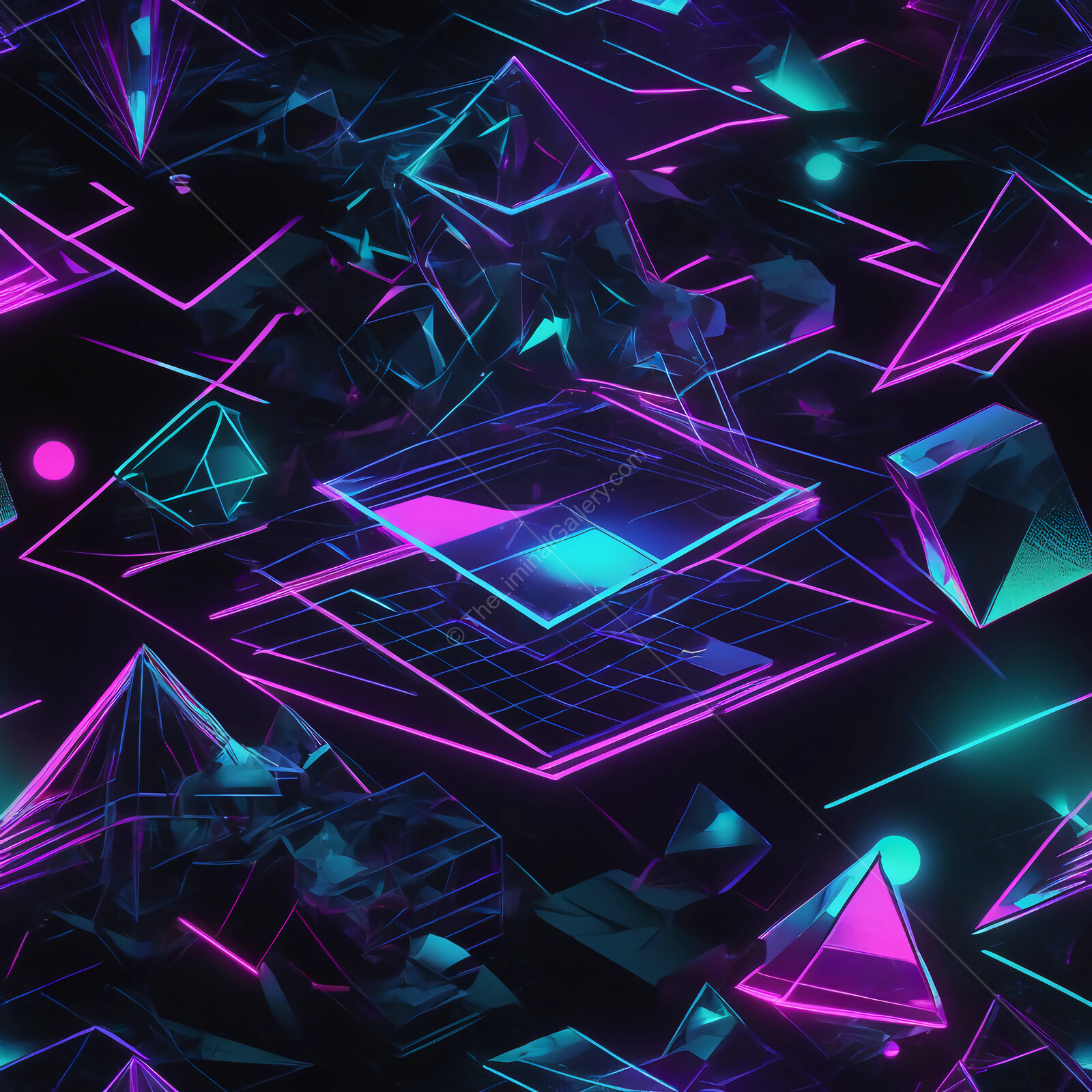 Vibrant synthwave geometric shapes create a mesmerizing abstract world infused with neon colors and dynamic energy