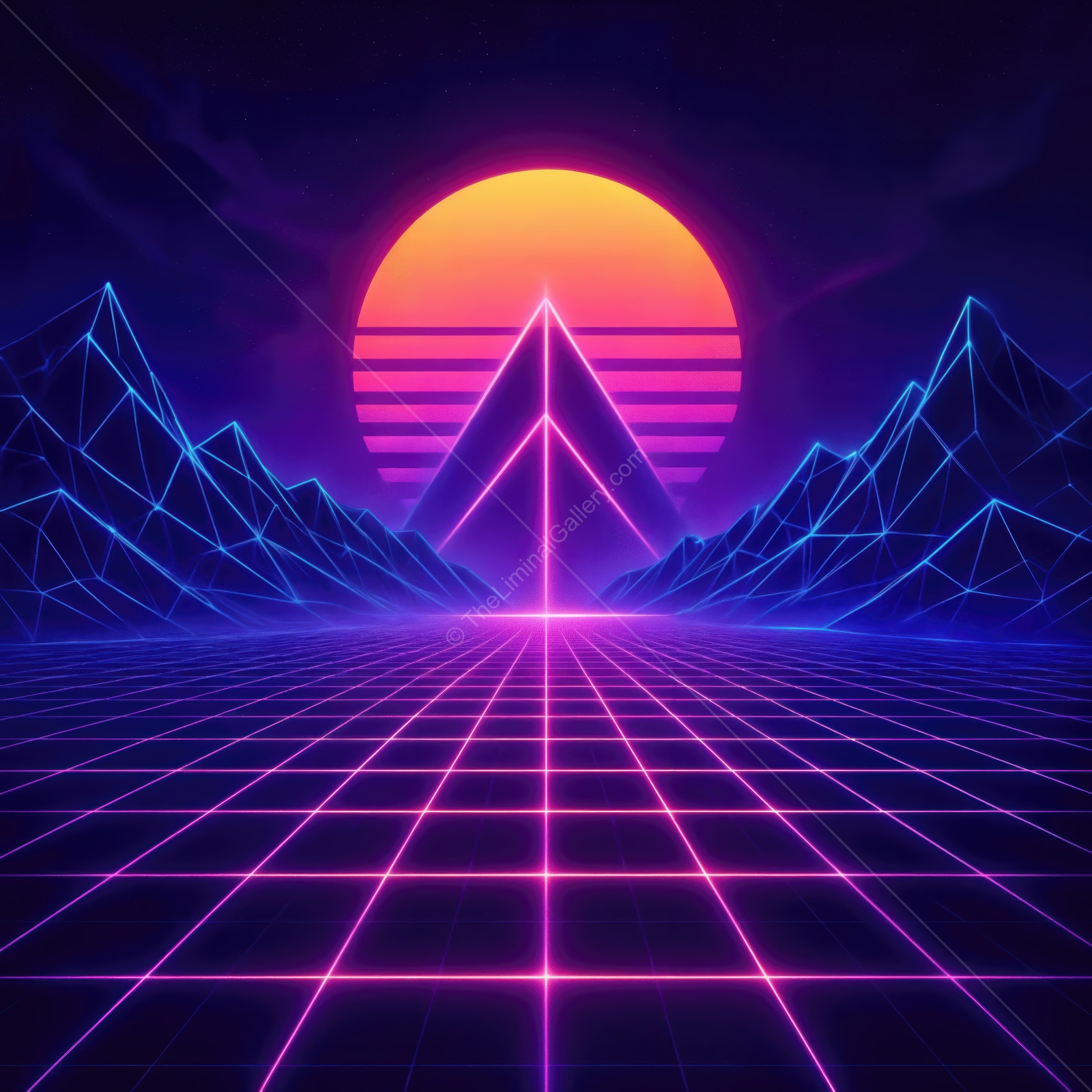 Vibrant sunset illuminates geometric mountains in a futuristic landscape with neon colors