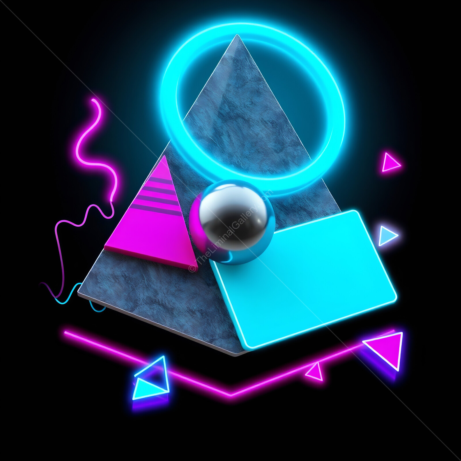 Exploring 80s vibrant geometric shapes illuminated with neon lights in a darkened space
