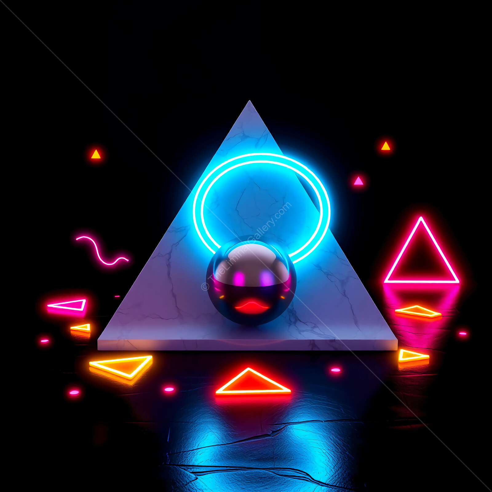 Neon geometric shapes create a captivating composition in a dark surreal landscape
