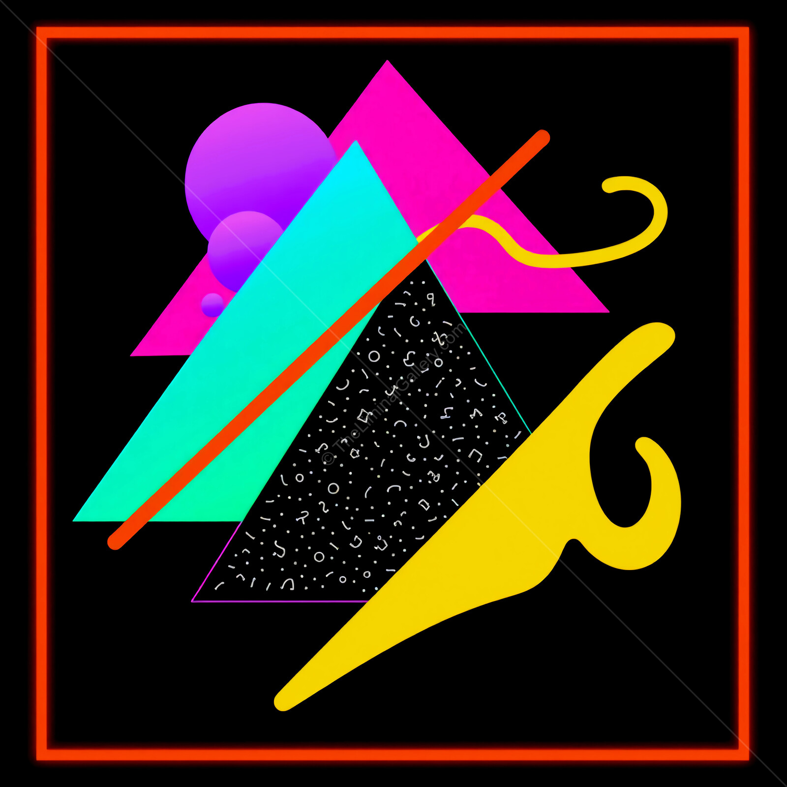 Vivid 80s Memphis abstract composition featuring geometric shapes and unique patterns in bold colors