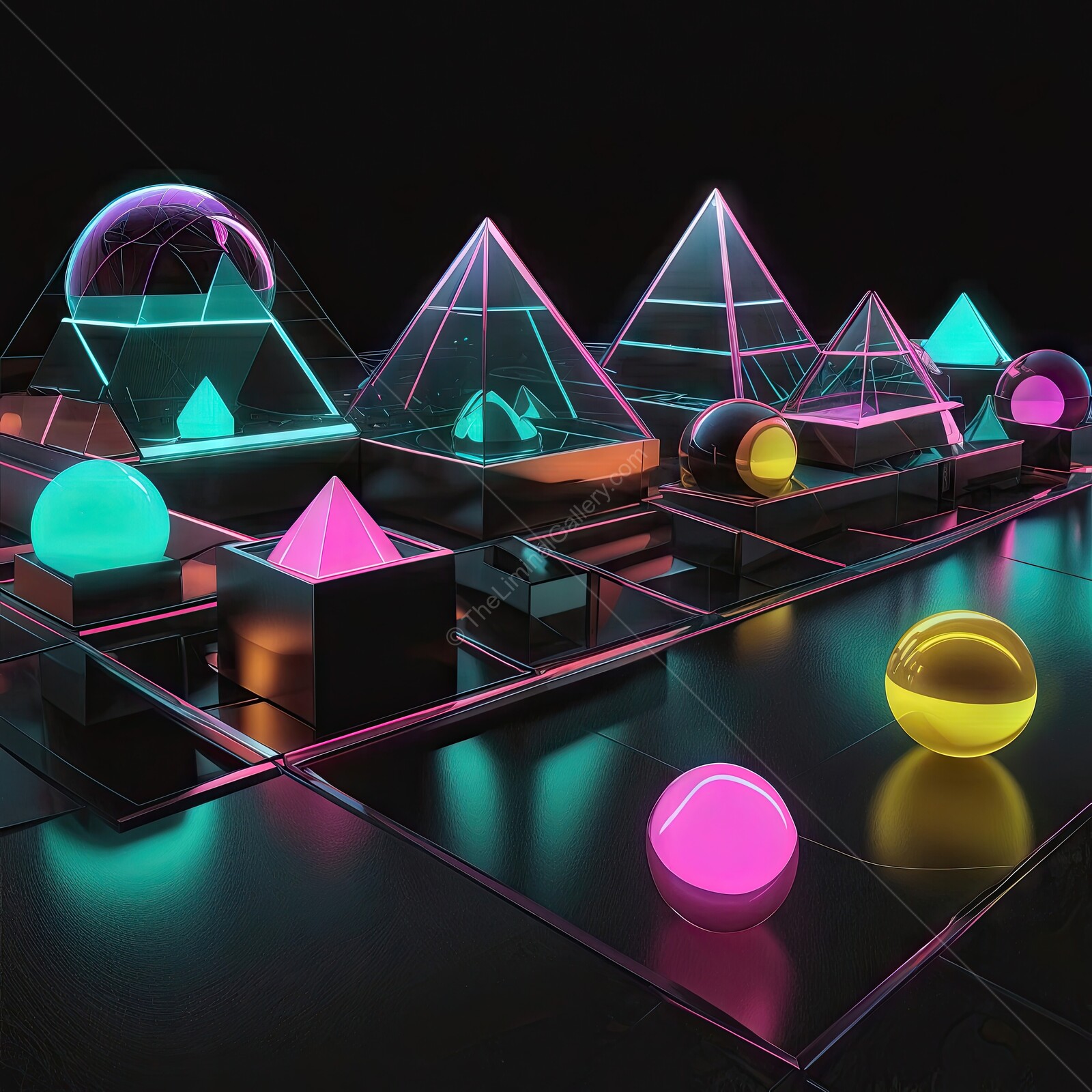 Vibrant geometric shapes illuminated in neon colors create a mesmerizing landscape